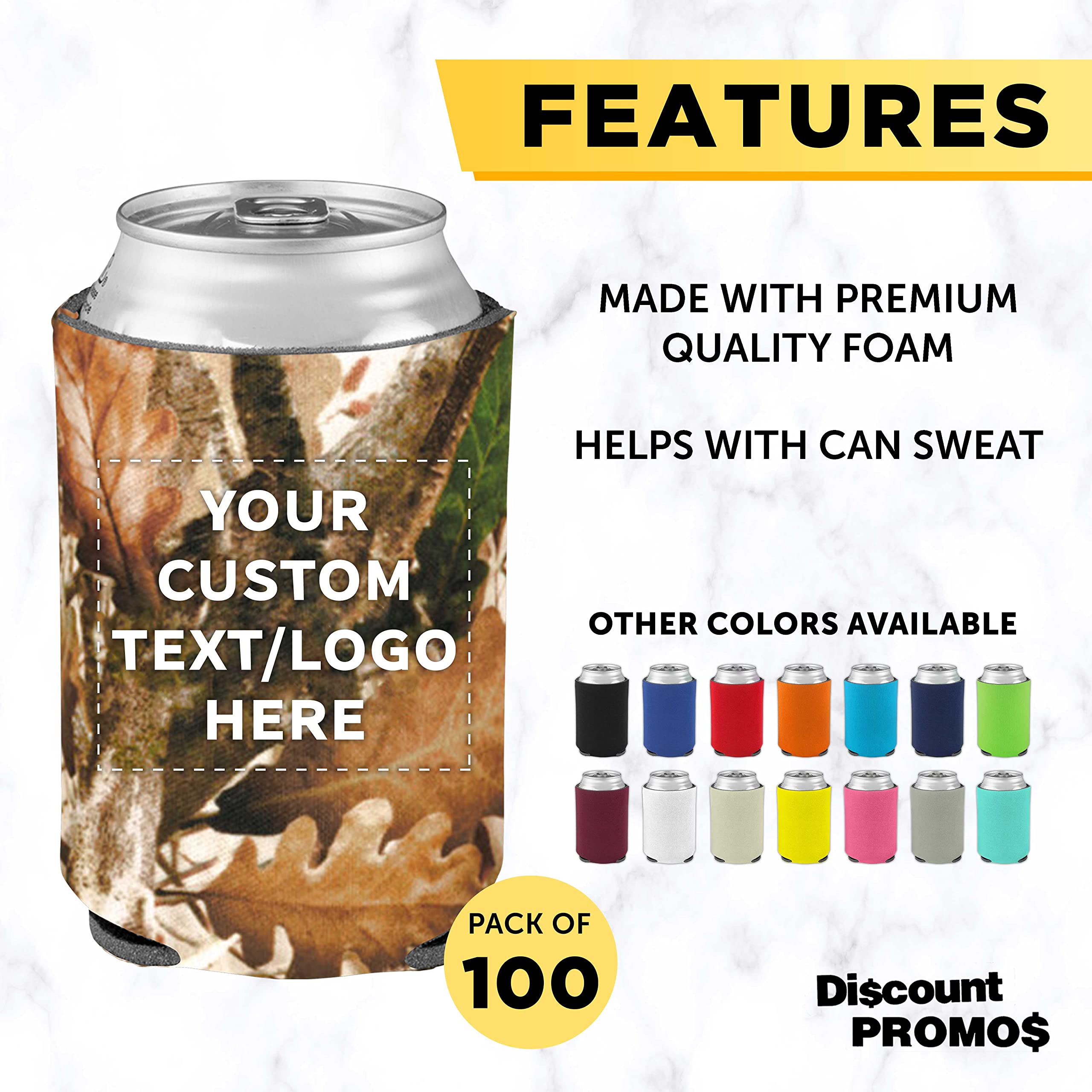 Custom Collapsible Beer Can Coolers 4mm - Set of 100 Bulk Pack - Personalized Insulated Sleeves for Beer, Soda & Beverages - Camo Design - Perfect for Parties, Tailgating & Outdoor Events