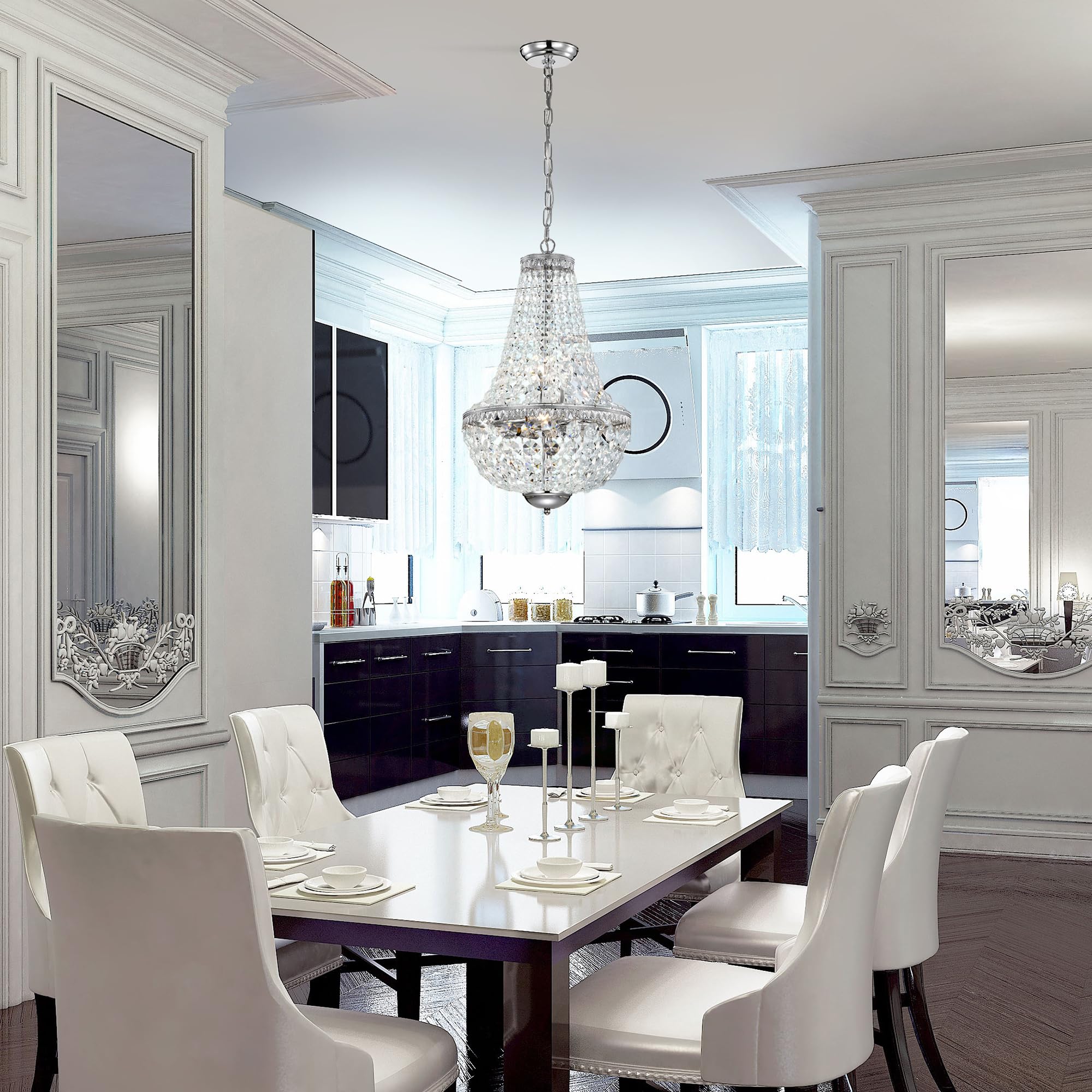 Luxury Empire Crystal Chandelier - 6-Light Glam Ceiling Fixture with Chrome Finish, Adjustable Chain for Entryway, Living Room & Dining Room Lighting | Perfect for Home Decor, Wedding Venues & Luxury Spaces