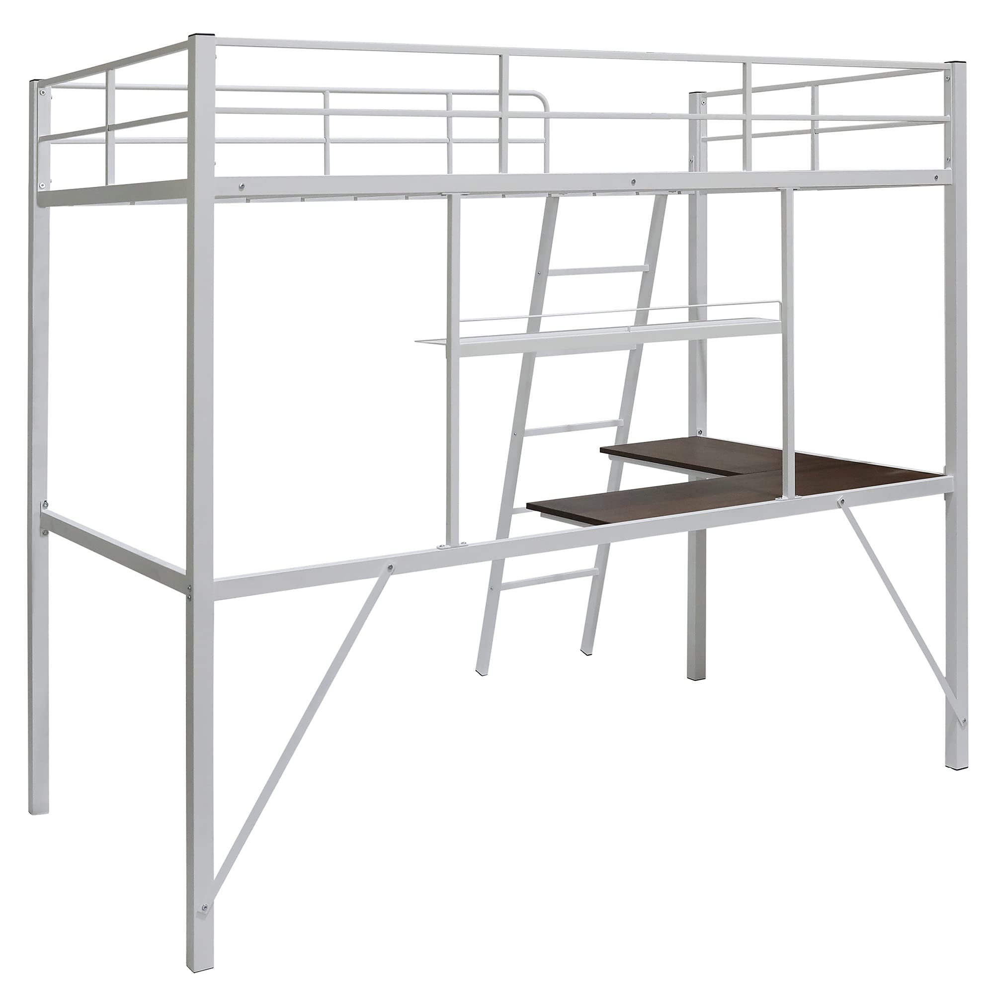Twin Metal Loft Bed with Desk & Shelves - Heavy Duty Steel Loft Bed Frame for Kids, Teens & Adults | Includes 2 Ladders & Safety Guard Rails | Space-Saving Modern Design for Small Rooms, Dorms & Apartments (White)