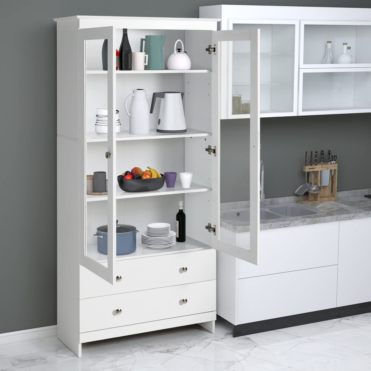 White Bookcase with Glass Doors - Tall Wooden Display Cabinet & Bookshelf Organizer for Home, Bedroom, Living Room, Office - Freestanding Curio Cabinet & Kitchen Pantry Storage - Perfect for Showcasing Collectibles, Storing Books & Organizing Home Decor