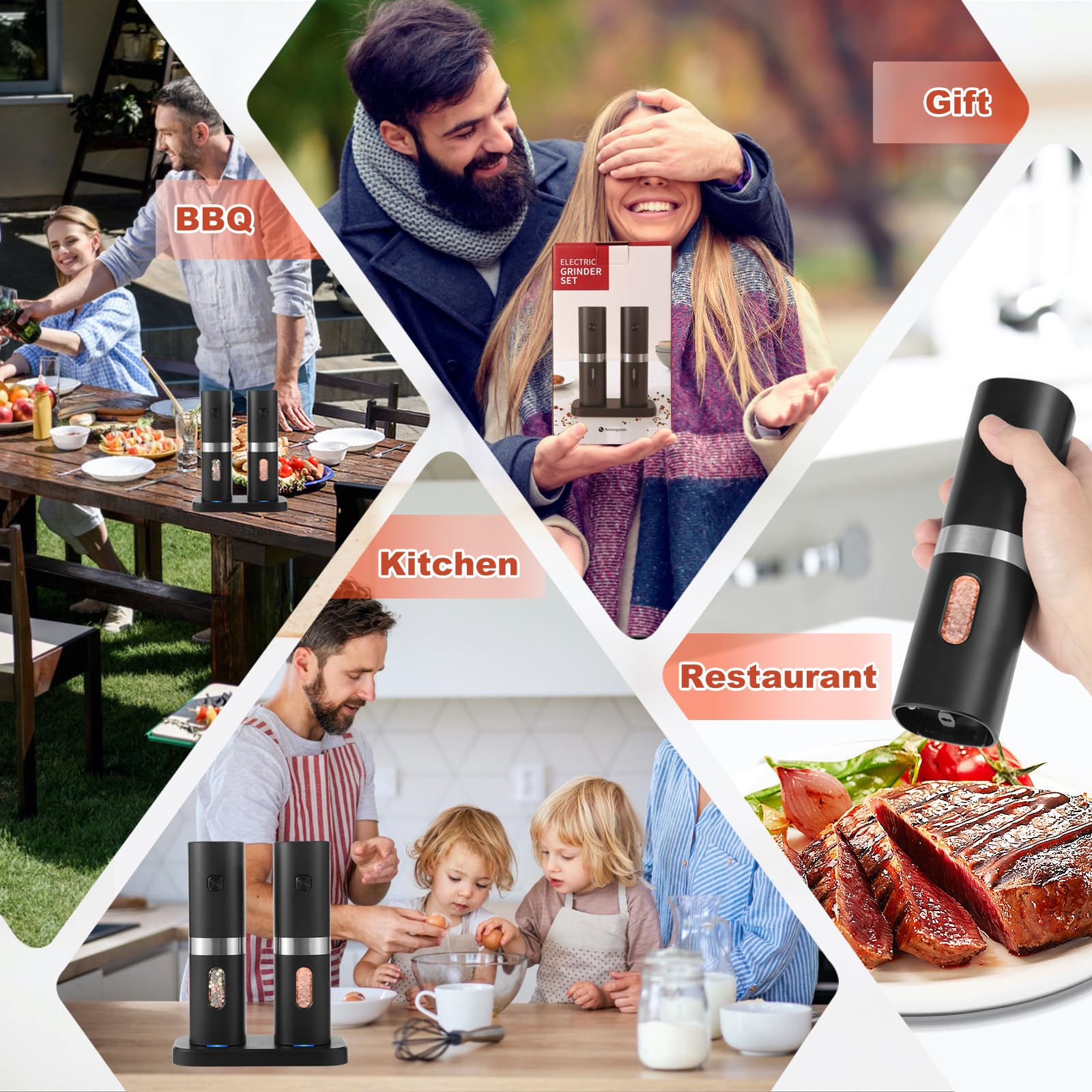 Rechargeable Electric Salt and Pepper Grinder Set - Battery-Free Automatic Mill with Charging Base, Adjustable Coarseness & Blue LED Light - 2 Pack for Kitchen, Dining Table, BBQ, Camping, and Gifting