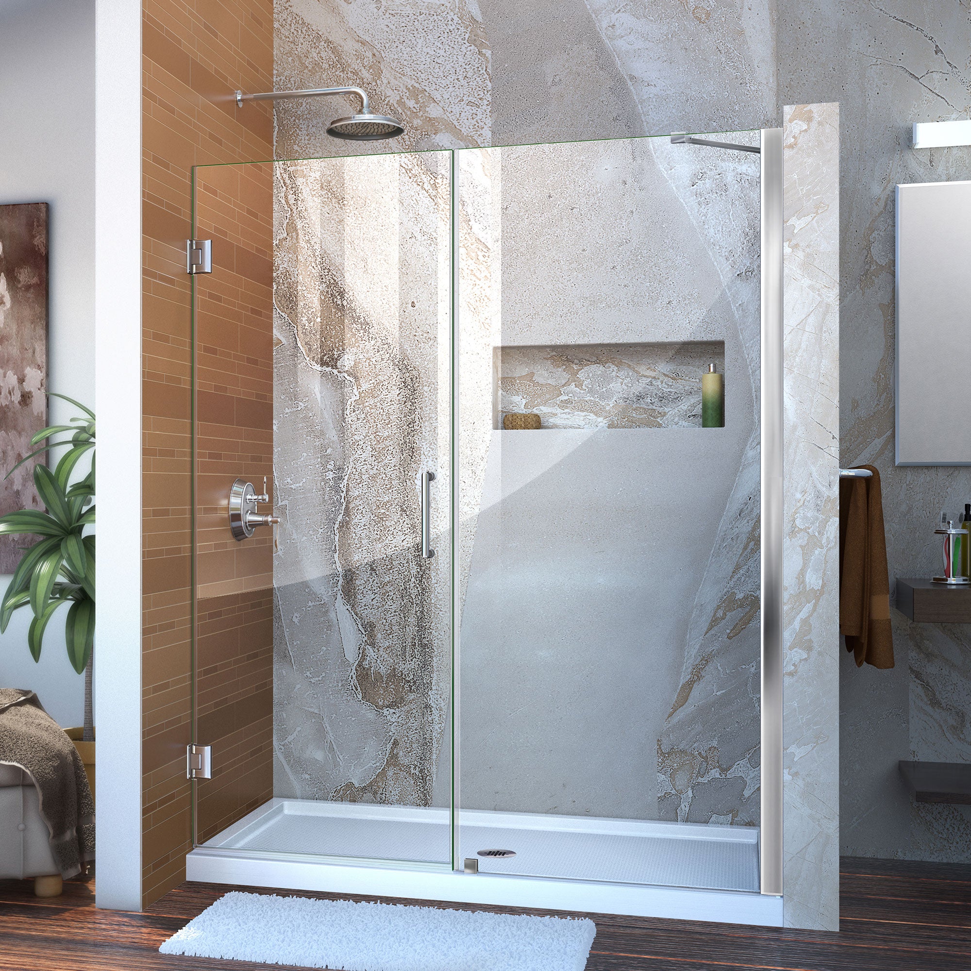 DreamLine Unidoor 54-55 Inch W x 72 Inch H Frameless Hinged Shower Door with Support Arm - Clear Tempered Glass for Bathroom & Walk-In Shower Enclosures