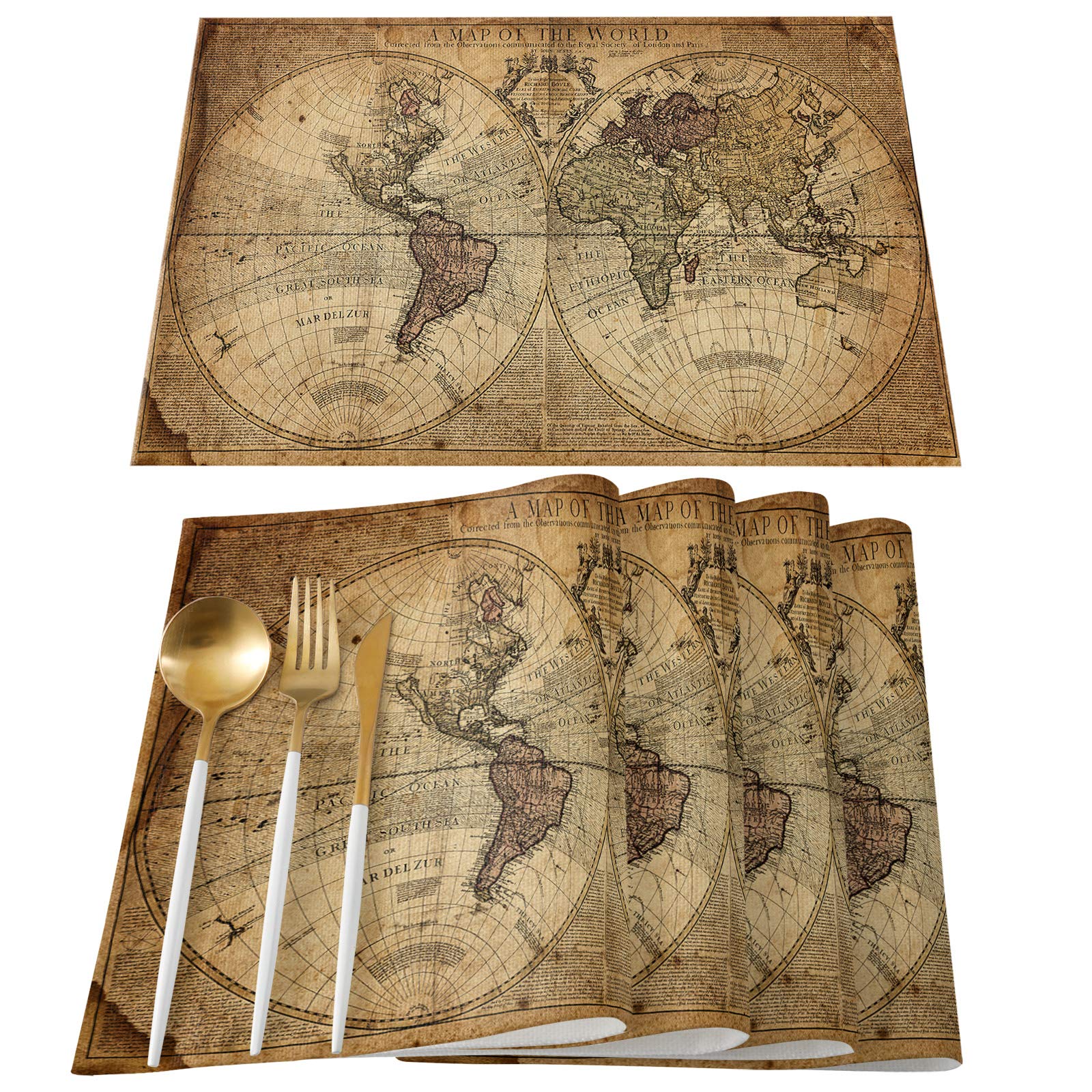 Vintage World Map Placemats Set of 6 - Washable Kraft Paper & Burlap Table Mats for Dining, Kitchen, Party Decor - Perfect for Farmhouse, Rustic, and Travel-Themed Home Decor