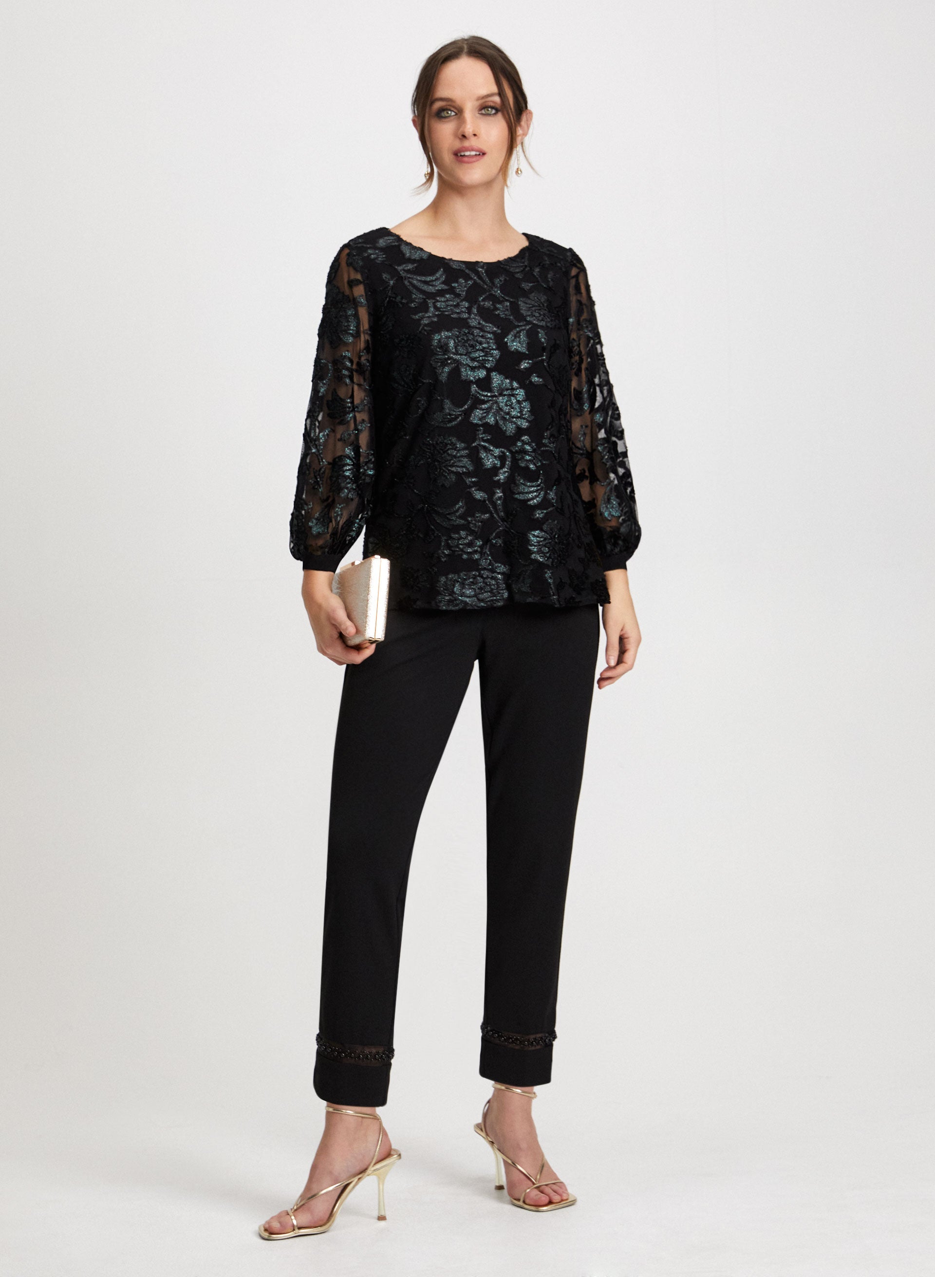Floral Mesh Top with Pearl Detail Pants - Elegant Women's Outfit for Party, Date Night & Special Occasions