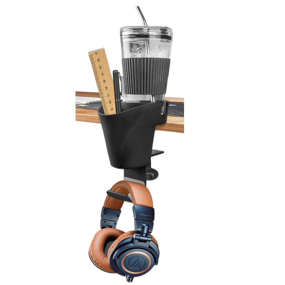 MixCut Clamp-On Pen Cup Holder with Headphone Hanger - Under Desk Organizer for Stationery, Pencils, Paper Clips & Drink Cups - Perfect for Office, Home Desk & Workspace Organization
