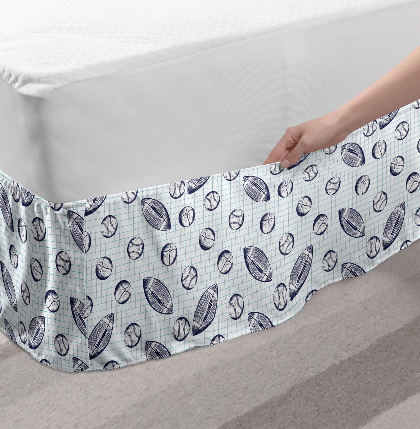Ambesonne Baseball Elastic Bed Skirt - Pigskin & Baseballs Checkered Design, Wrap Around Fabric Dust Ruffle for Full Size Beds, Indigo & Pale Blue - Perfect for Baseball Themed Bedrooms, Sports Fan Gifts & Game Room Decor