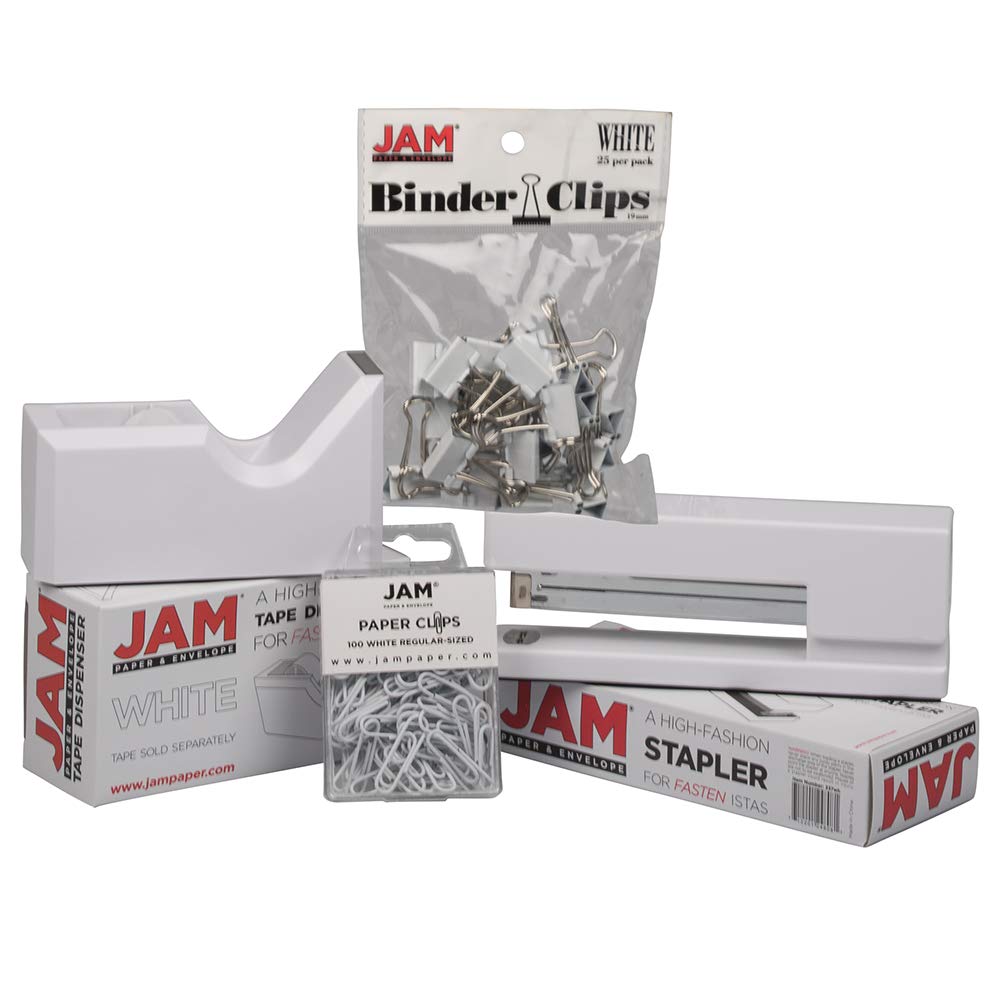 JAM PAPER Office Starter Kit - White - Stapler, Tape Dispenser, Paper Clips & Binder Clips - 4 Piece Set for Home Office, School & Workplace Organization