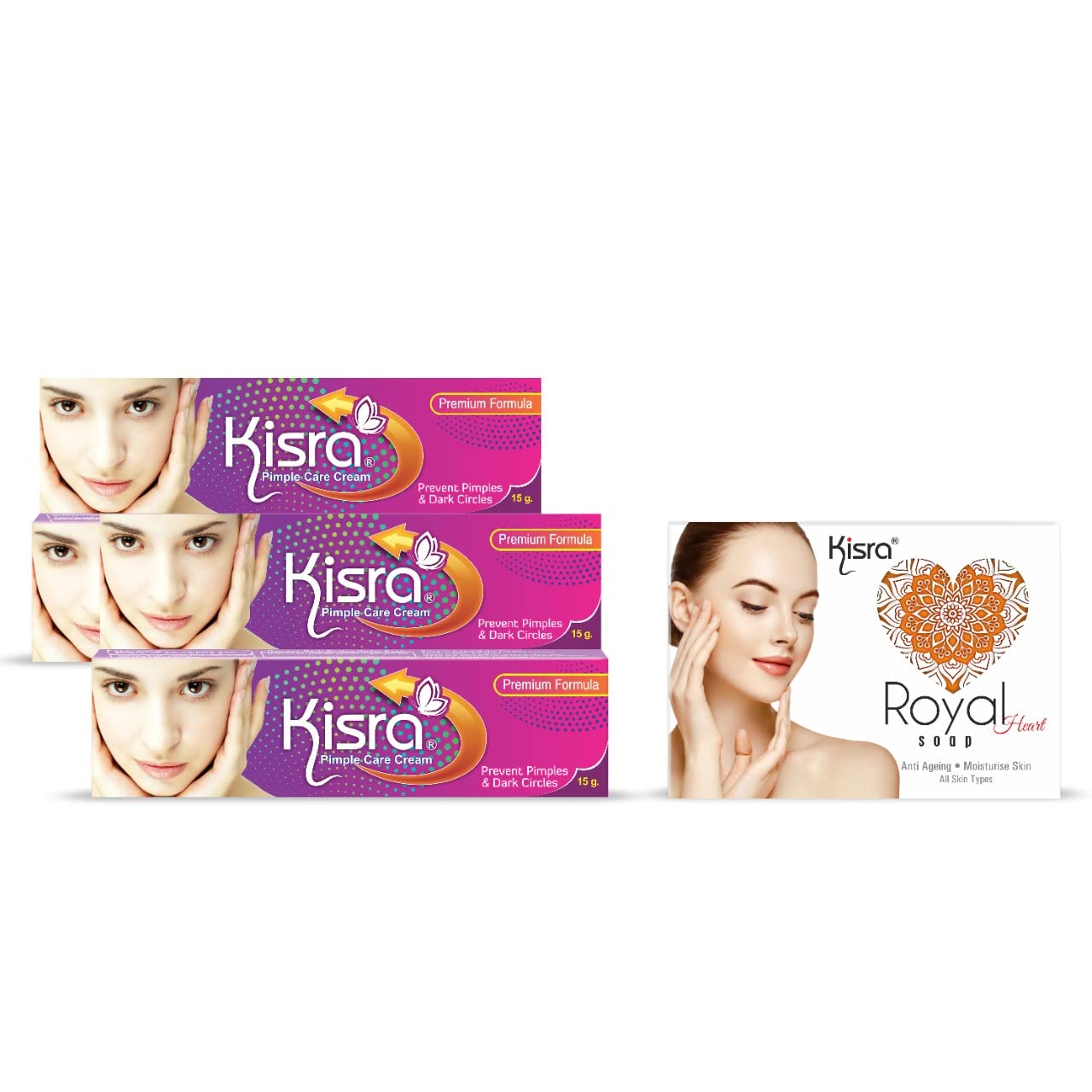 Kisra Royal Heart Soap 75g & Acne Treatment Cream 15g (1 Soap + 2 Cream) - Natural Skincare Set for Clear Complexion & Daily Face Care