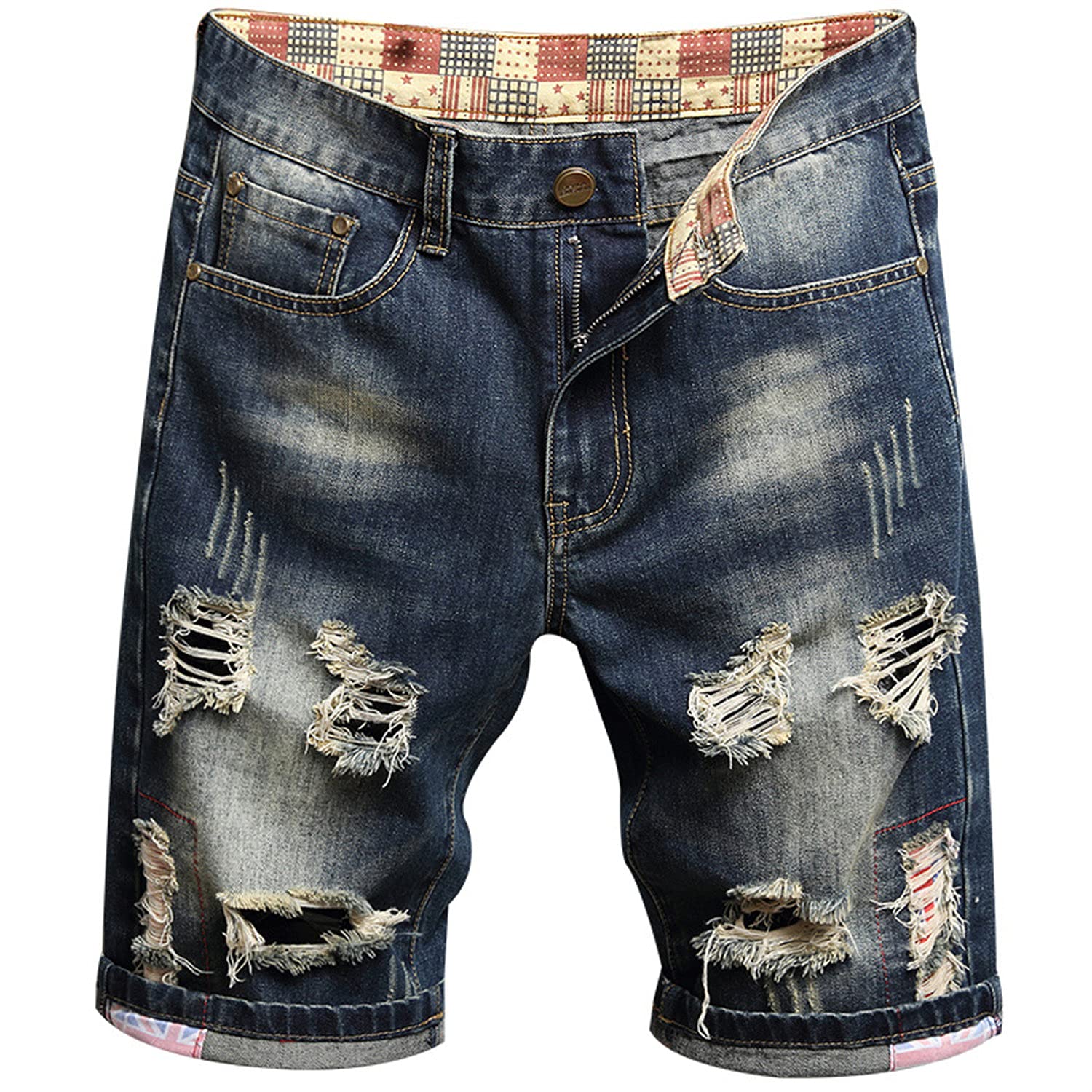 **Vintage Distressed Denim Shorts for Men – Retro Plus Size Casual Jean Shorts with Embroidery & Ripped Slim Biker Style (Blue 2,28) – Perfect for Summer Outfits, Streetwear & Casual Wear**