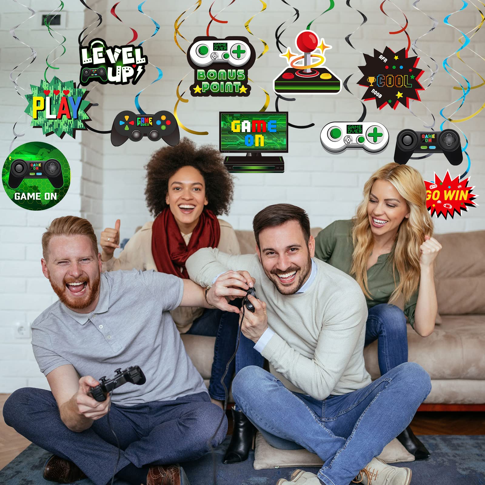 Sumind 51-Piece Green Video Game Hanging Swirl Decorations - Foil Ceiling Streamers for Gamer Birthday Party, Game Theme Decorations - Perfect for Gamer Parties, Gaming Room Decor & Esports Events