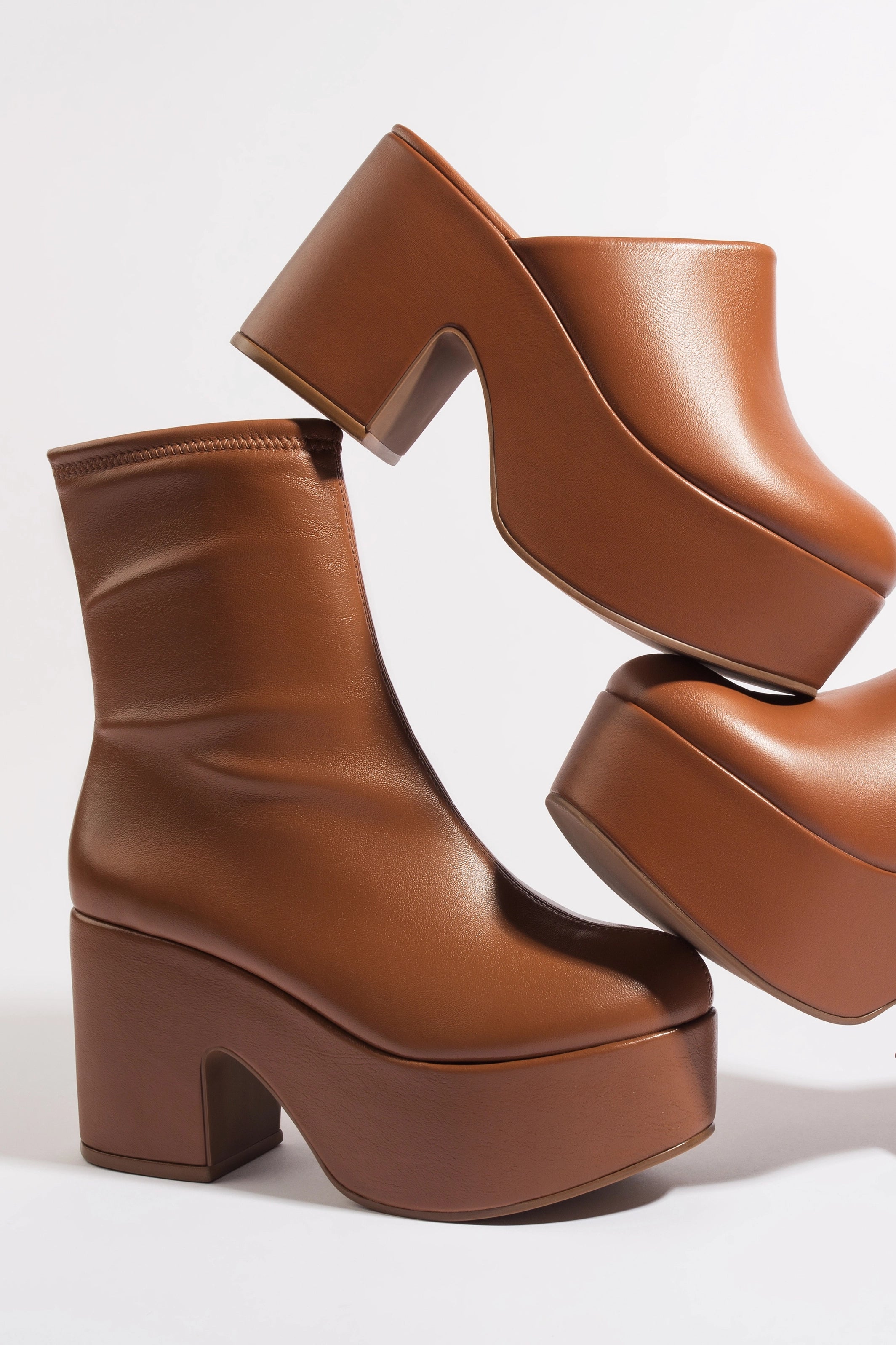 Miso Platform Boots in Caramel - Women's Stretch Leather Ankle Boots for Fall & Winter Fashion, Comfortable Walking Shoes for Work, Date Night and Casual Outfits