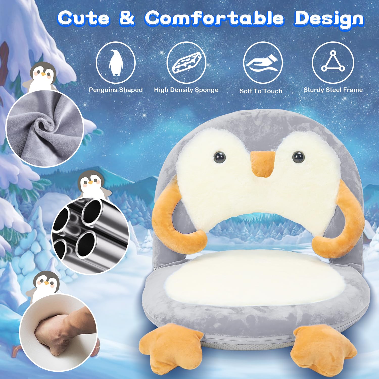 Adjustable Kids Floor Chair with Back Support - 5-Position Penguin Seat for Reading, Gaming, Yoga & Meditation - Perfect for Daycare, Preschool & Classroom Use (Grey) - Cozy Study Nook & Playroom Essential