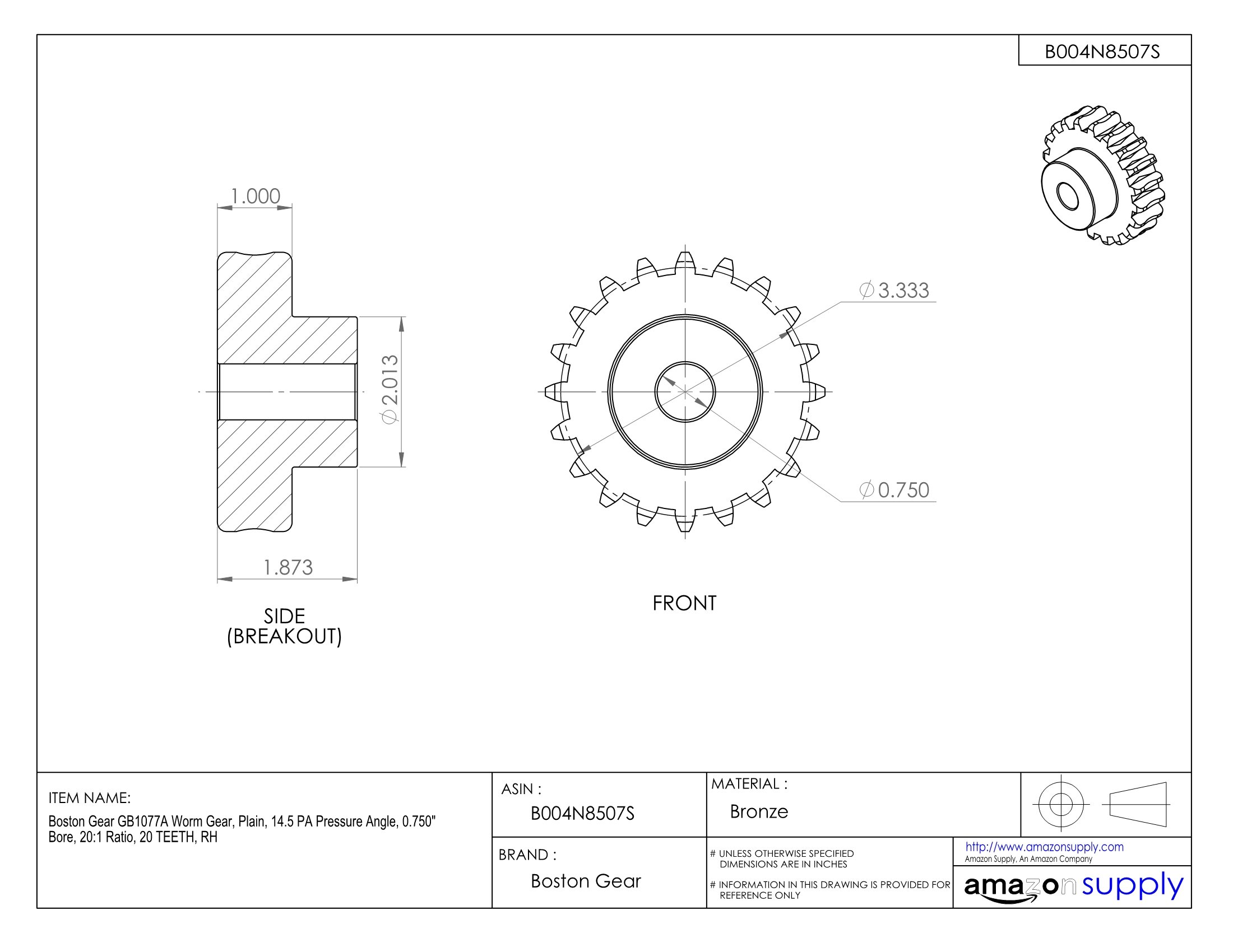 High-Quality GB1077A Worm Gear - Plain, 14.5° PA Pressure Angle, 0.750