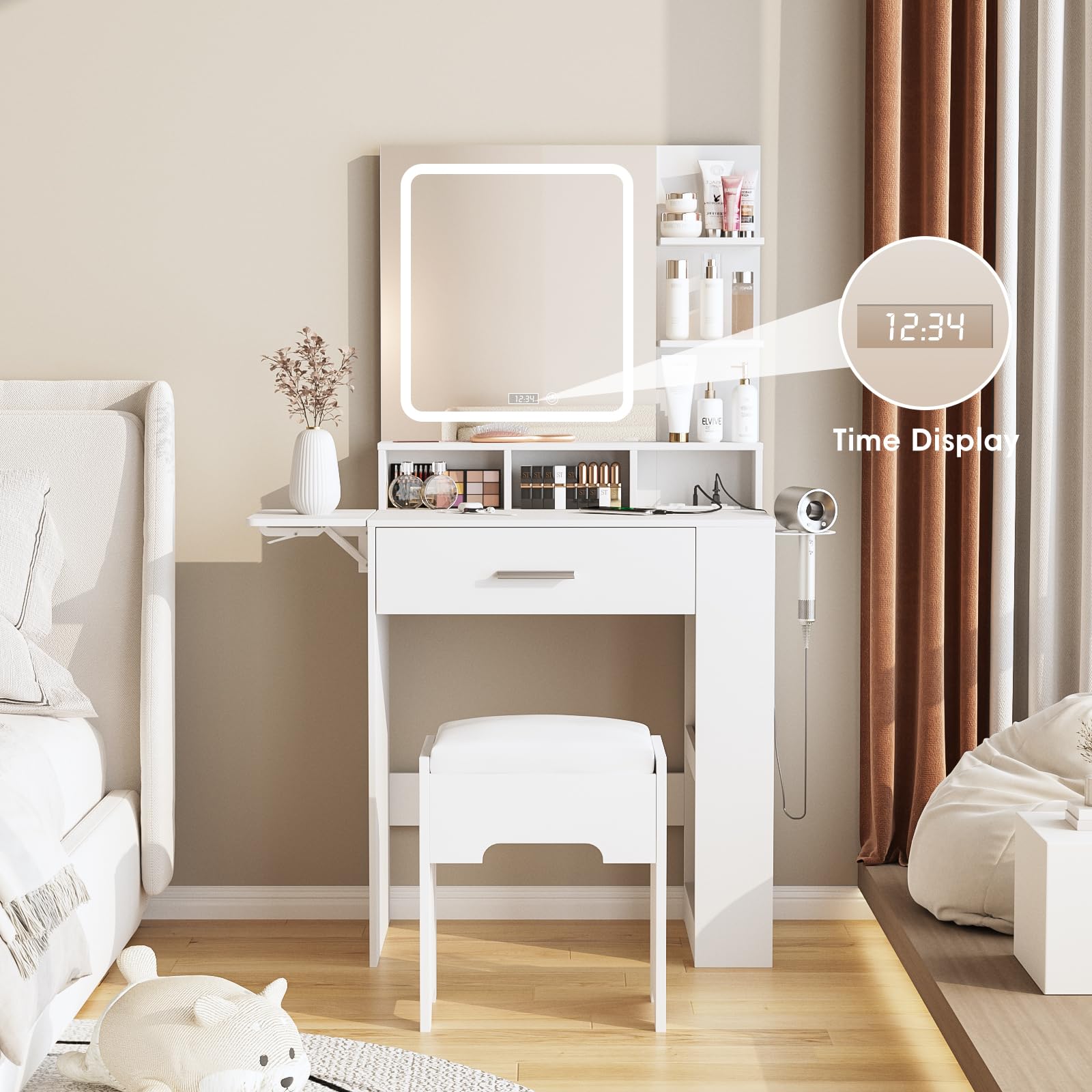 Fameill Small Vanity Desk with Mirror & LED Lights, White Makeup Vanity Table with Drawer, Storage Shelves, USB Charging Station & Digital Clock - Includes Vanity Chair for Bedroom, Dressing Room & Apartment Decor