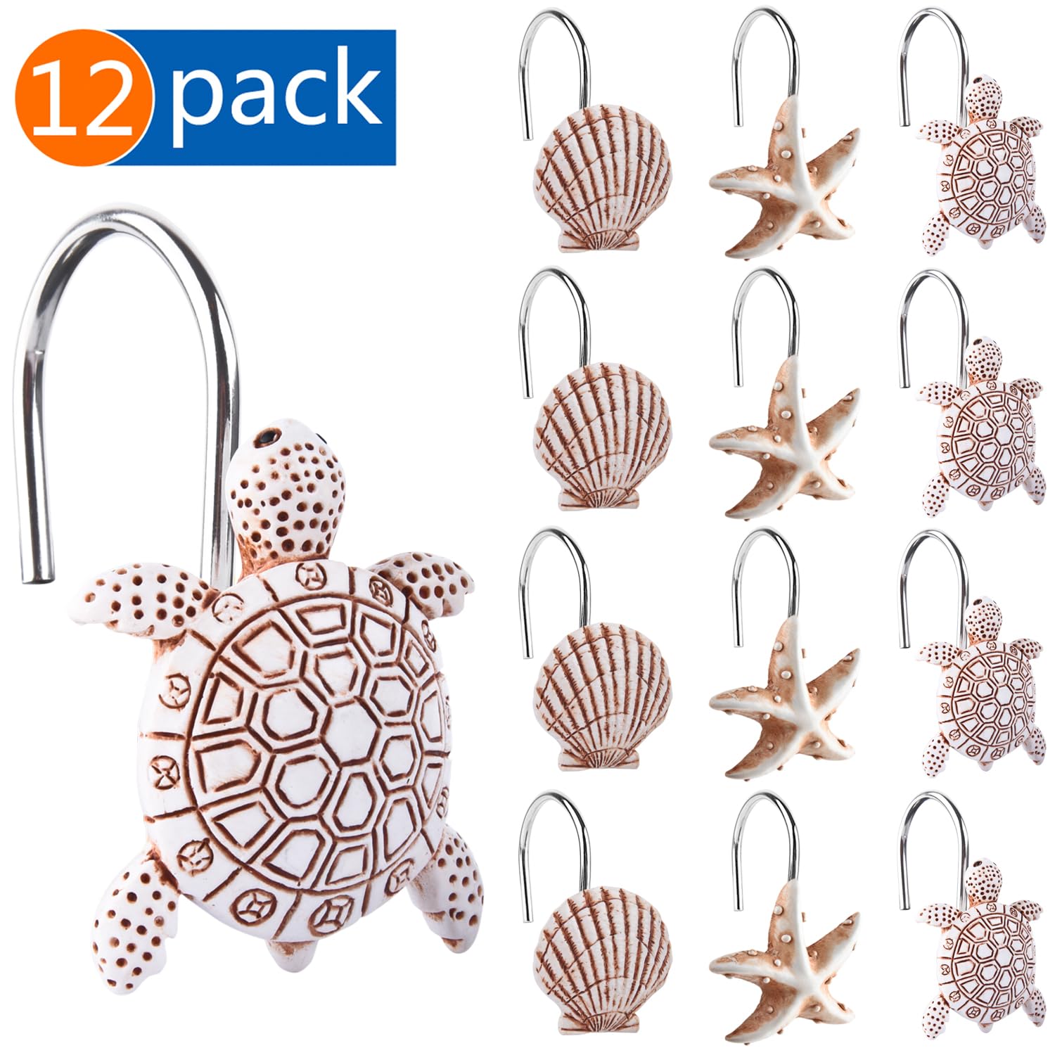 Rustproof Seashell Turtle Shower Curtain Hooks - 12 Pack Beach Theme Bathroom Decor for Coastal & Ocean Inspired Showers - Perfect for Nautical, Vacation Home, and Beach House Bathroom Decorations