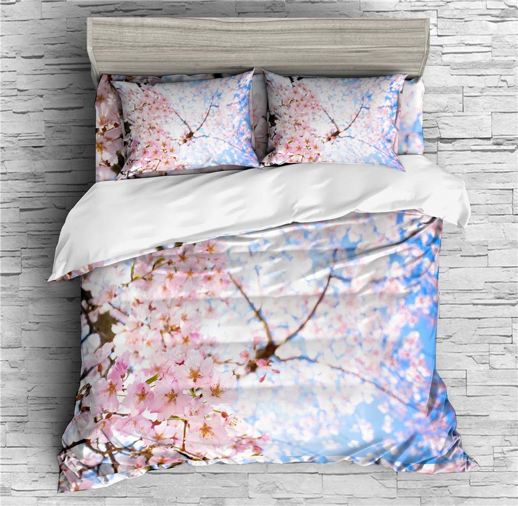 REALIN Peach Blossom Duvet Cover Set - 4PC Floral Bedding with Pillow Shams, Soft Pink Cherry Blossom Design for Queen Size (228x228cm) - Spring & Summer Bedroom Decor, Perfect for Guest Rooms & Master Suites