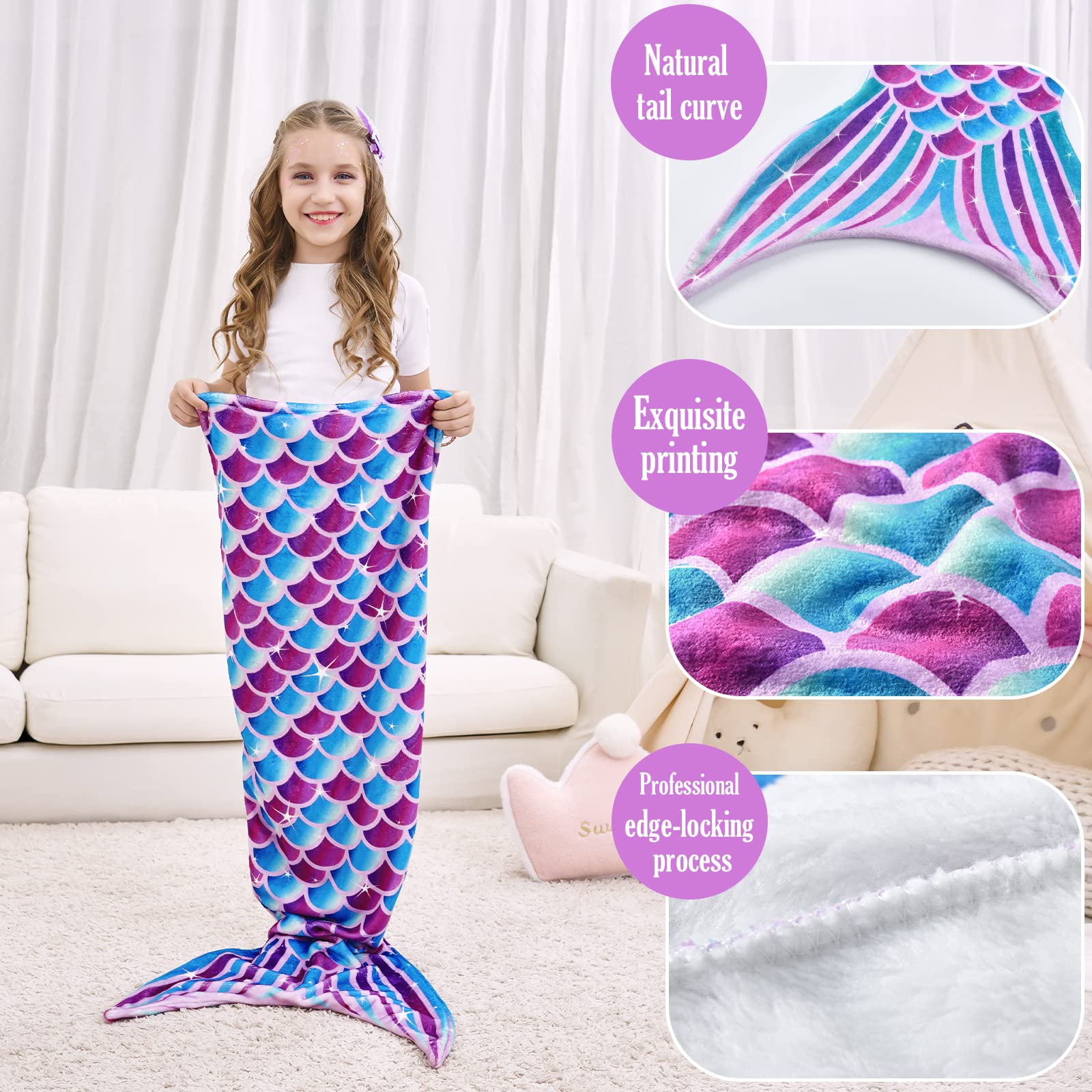 WERNNSAI Mermaid Tail Blanket for Girls & Teens - Soft Flannel Wearable Blanket with Sequin Hairpin Bracelet, 55