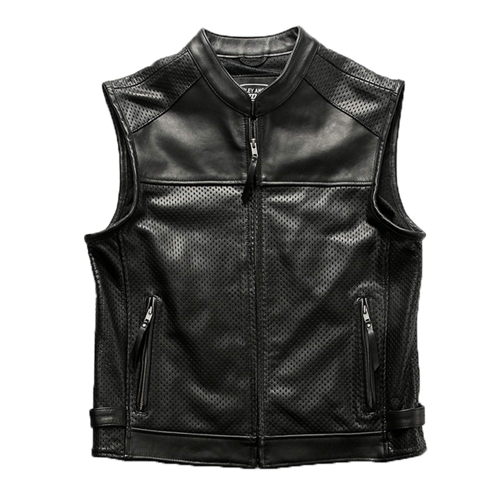 Men's Motorcycle Club Vest - Breathable Mesh & Cowhide Leather Sleeveless Jacket with Perforated Design & Zipper Closure - Ideal for Biker Rides, Club Events & Outdoor Adventures