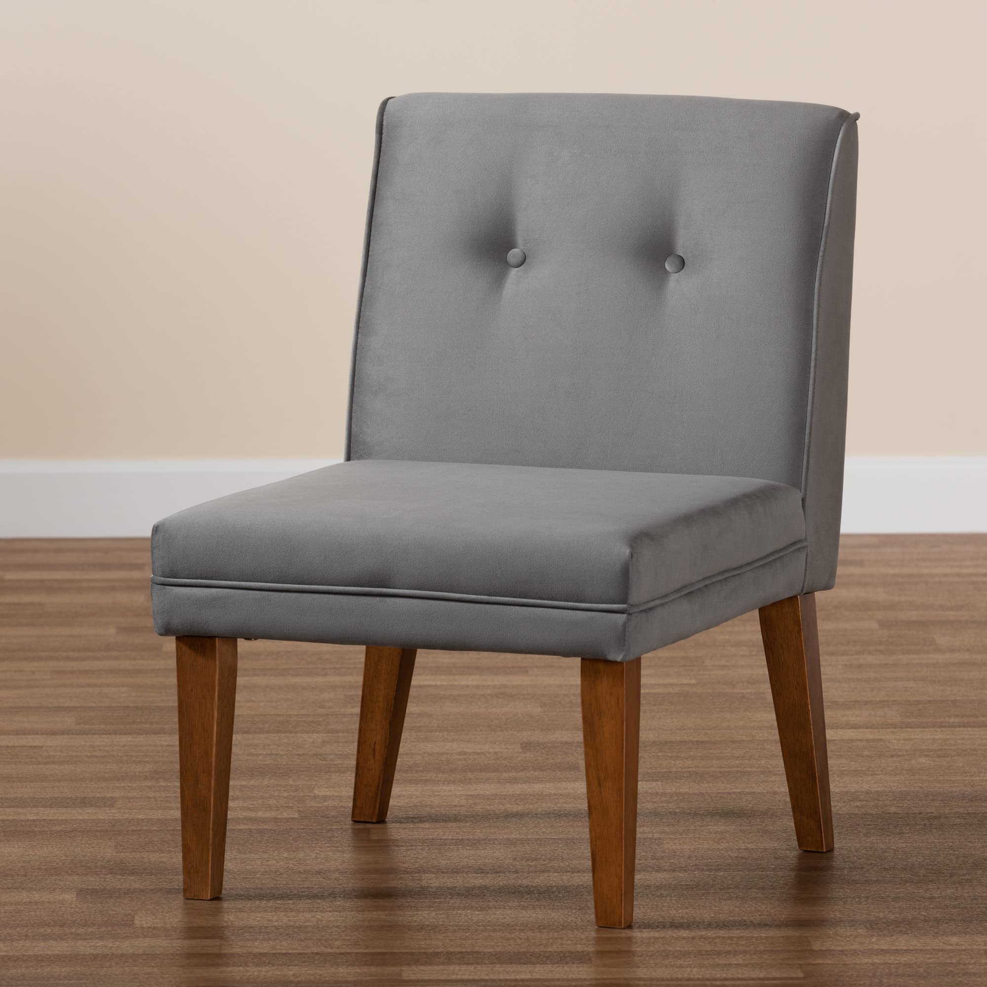 Baxton Studio Stewart Dining Chair - Grey Velvet Upholstered Wooden Chair with Walnut Finish - Perfect for Dining Rooms, Kitchens, and Home Offices