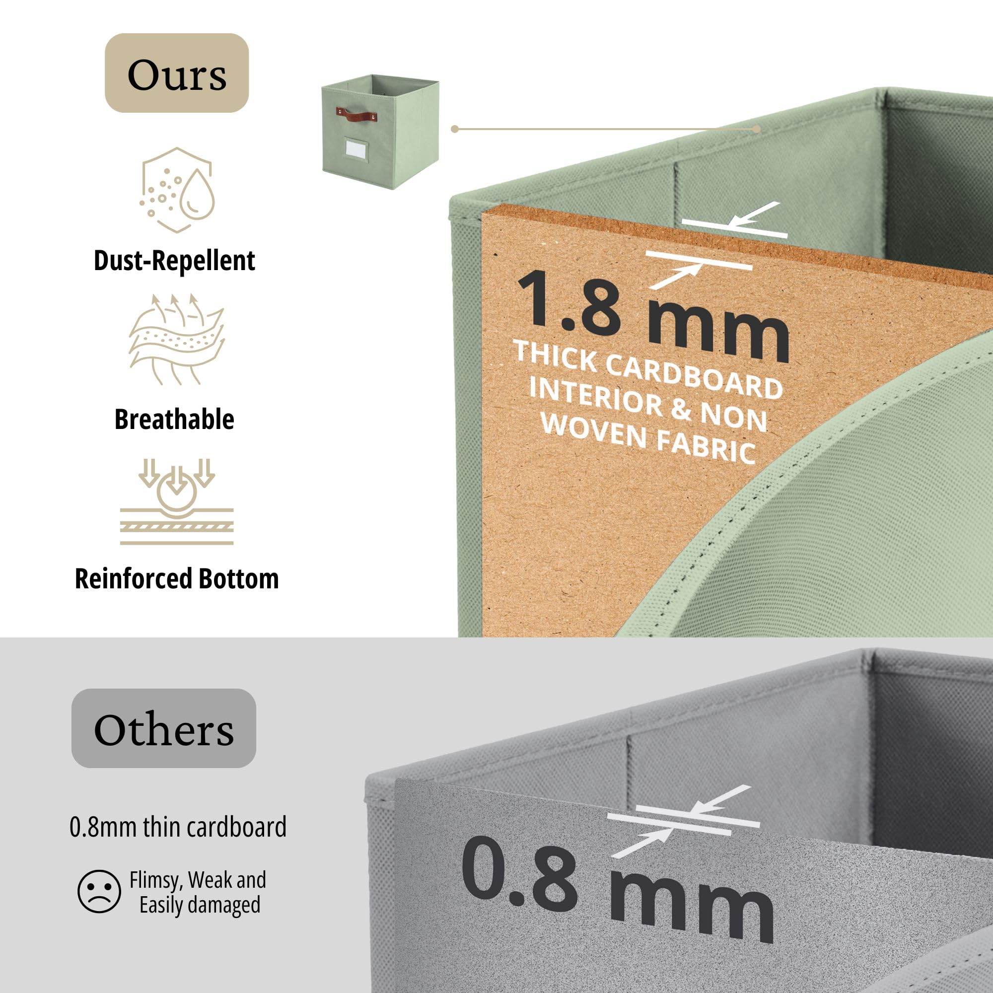 DECOMOMO Fabric Storage Bins 6-Pack, 10.5 x 11 Inch Cube Organizer Bins with Labels - Sage Green Closet & Shelf Organizers for Bedroom, Nursery, Office Storage Solutions