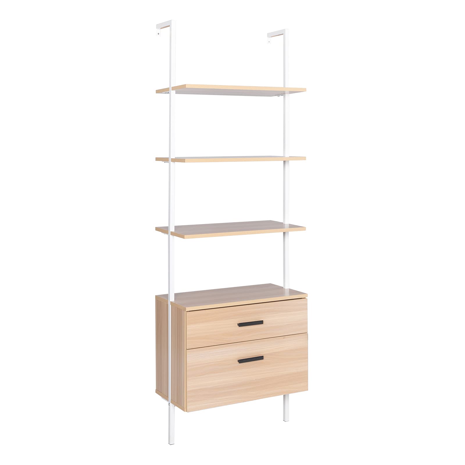Trlec Industrial Bookshelf with Wood Drawers & Matte Steel Frame - Natural/White - Modern Storage Solution for Living Room, Porch, Office & Study Room - Perfect for Home Decor & Organization
