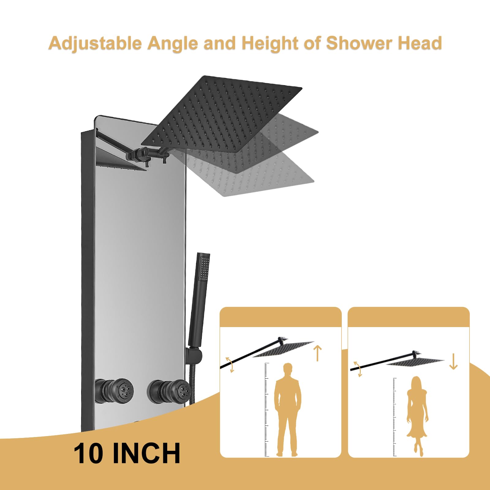 Premium Stainless Steel Black Glass Shower Panel Tower System - 8 Body Massage Jets, Rainfall Shower Head & Tub Spout - Luxury Bathroom Upgrade for Spa-Like Experience
