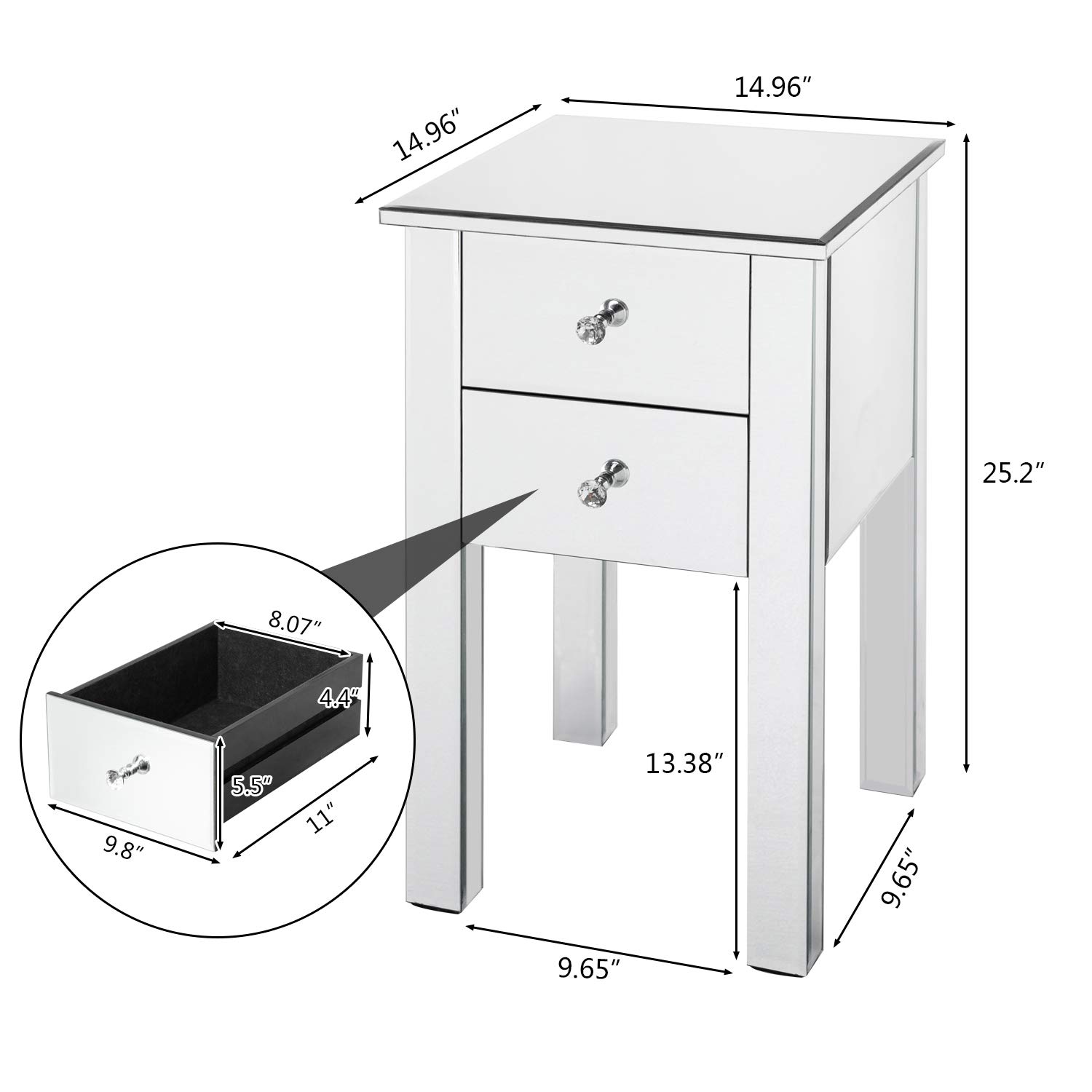 Modern & Contemporary Silver Mirrored 2-Drawer Nightstand - Bedside Table with Storage for Bedroom, Living Room & Guest Room Decor
