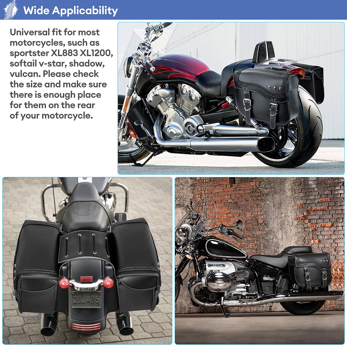 Premium Synthetic Leather Motorcycle Saddlebags - Universal Waterproof Side Bags for Harley Sportster, Vulcan, Shadow, Softail, Dyna & V-Star - Durable Storage Tool Bag (Black, Style A) - Perfect for Long Rides, Road Trips & Daily Commuting