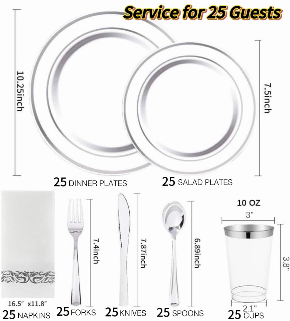 175-Piece Silver Plastic Dinnerware Set - Disposable Christmas Plates & Cutlery (25 Dinner Plates, 25 Salad Plates, 25 Forks, 25 Knives, 25 Spoons, 25 Tumblers) - Elegant Party Tableware for Holiday Gatherings, Weddings & Events