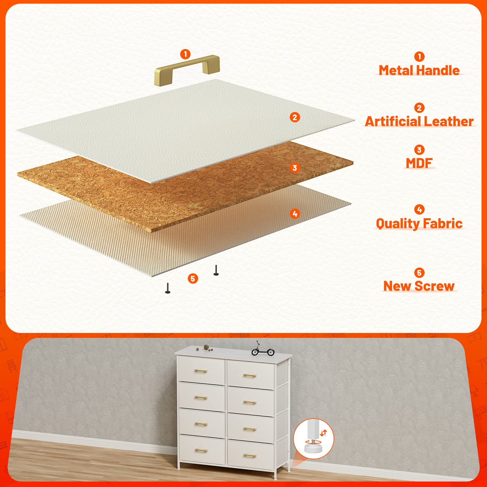 8-Drawer Tall Dresser for Bedroom - White Chest of Drawers with Sturdy Steel Frame, Fabric Bins & Wood Top - Perfect for Closet, Living Room, Nursery or Hallway Storage & Organization