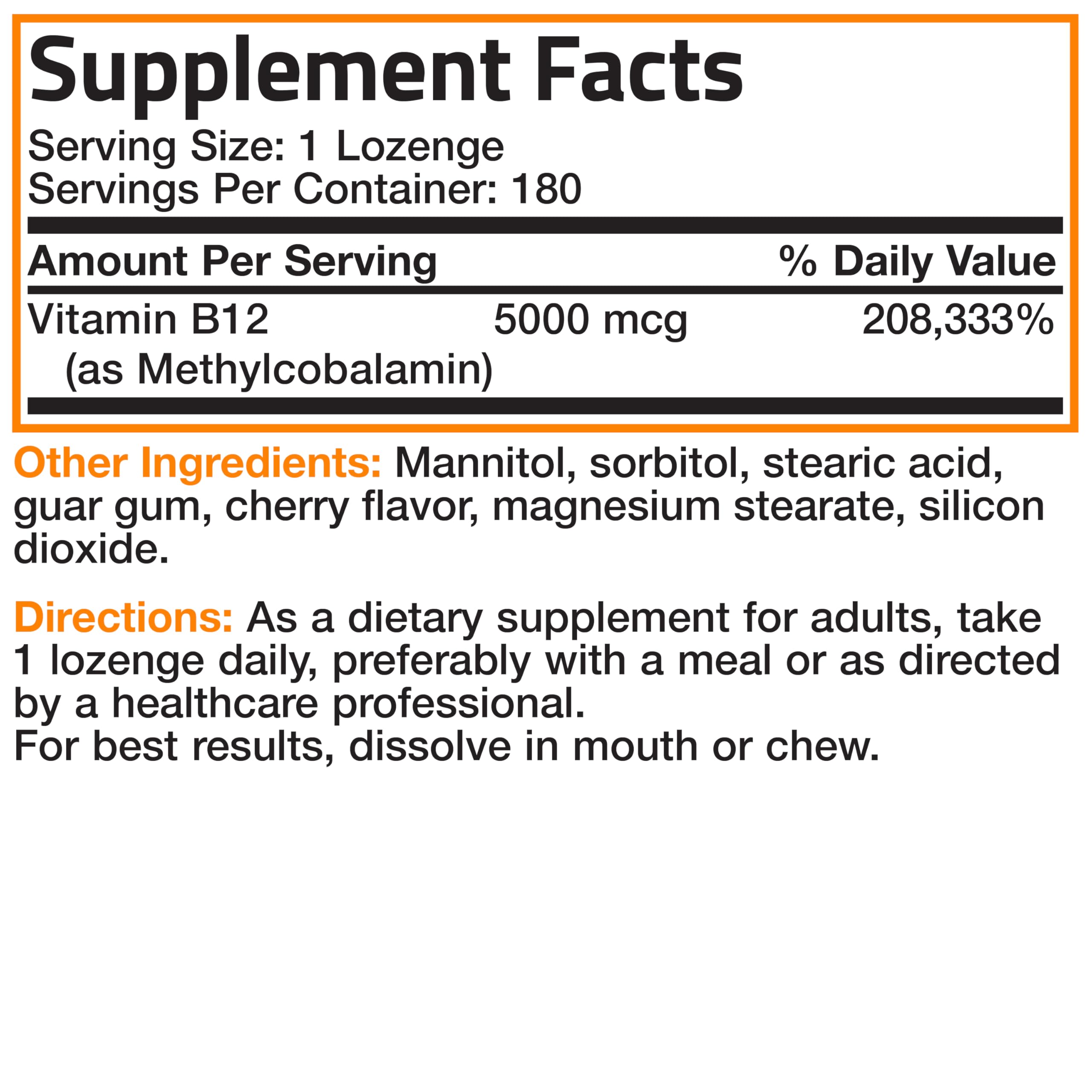 Bronson Methyl B12 5000 mcg Vitamin B12 Methylcobalamin Supplement - Energy & Brain Support, 180 Lozenges - Boost Focus & Vitality for Workouts, Study & Daily Energy