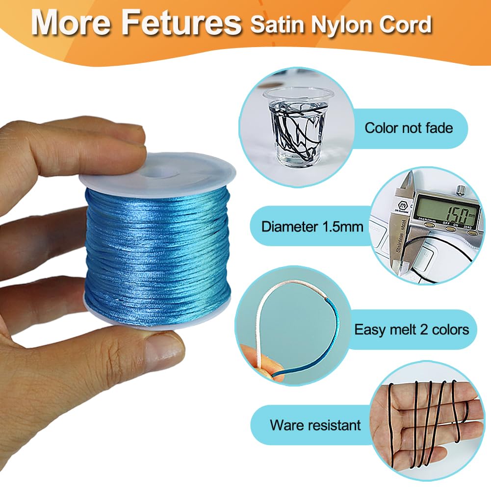 15 Rolls Satin Nylon String for Jewelry Making - Bracelets, Necklaces & Keychains | 1.5mm Rattail Cord for Beading & Macrame Crafts