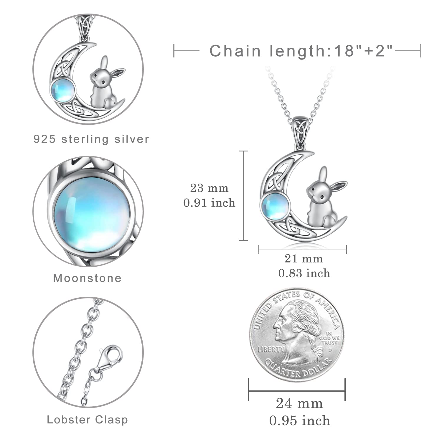 Moonstone Bunny Necklace for Women - 925 Sterling Silver Rabbit Pendant Necklace, Easter Bunny Jewelry Gift for Her - Perfect for Easter Gifts, Birthday Presents & Everyday Wear