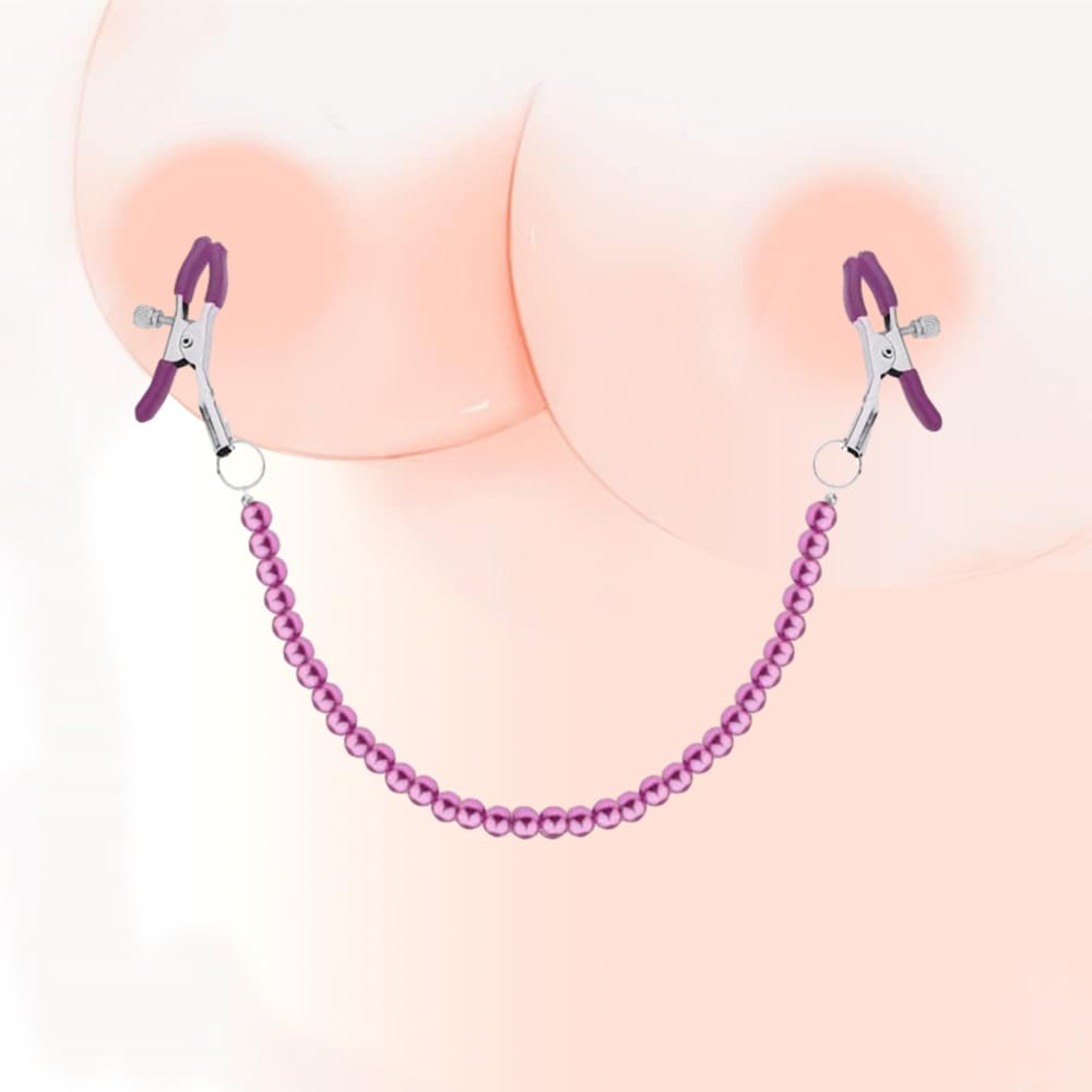 Adjustable Pressure Stainless Steel Pearl Nipple Clamps with Body Chain - Non-Piercing Sensual Jewelry for Women - Purple Intimate Accessories for Couples Play & BDSM Lingerie Enhancement