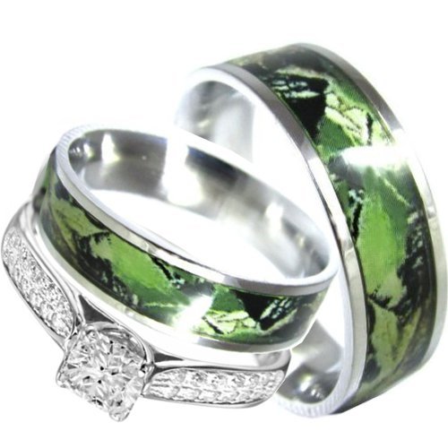His and Hers Wedding Rings Set - Camo Engagement & Promise Rings for Couples - Cubic Zirconia Matching Band Sets - Perfect for Outdoor Weddings, Anniversaries and Romantic Gifts