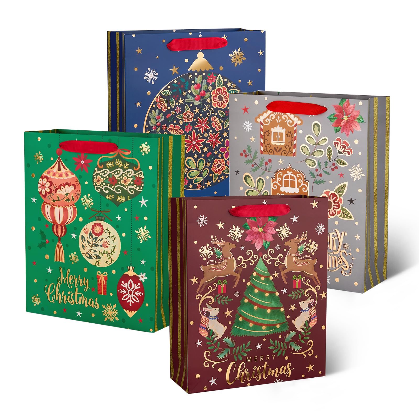 12Pcs Red Green Metallic Gold Christmas Gift Bags Bulk - Large 12.5x10.5 Inch Holiday Gift Wrap Bags with Gilded Xmas Tree, Gingerbread & Reindeer Designs - Foiled Mistletoe Favor Bags for Christmas, New Year, Office Parties & Holiday Gift Exchanges