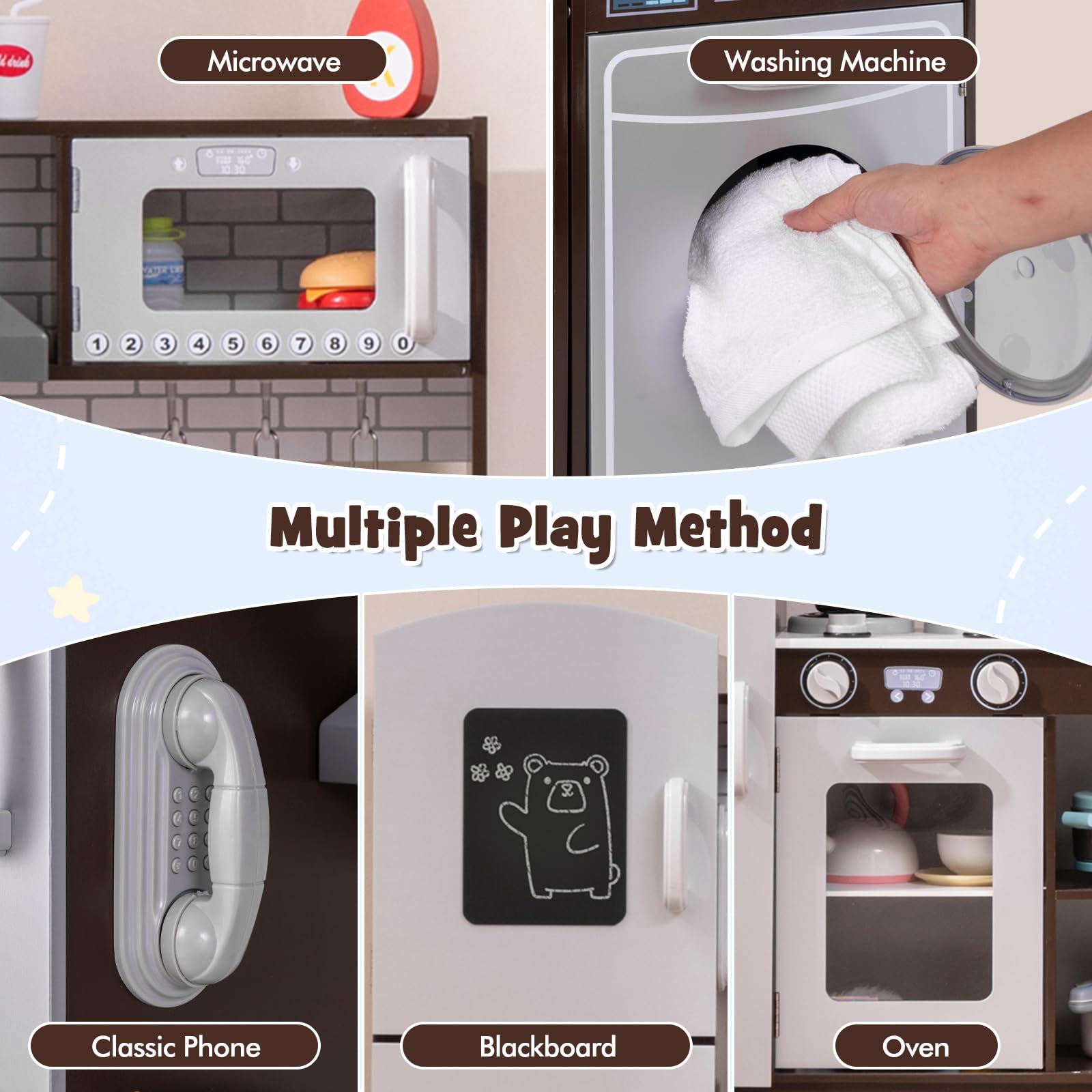 Costzon 2-Piece Wooden Play Kitchen Set with Washing Machine, Range Hood & Ice Maker - Interactive Kids Pretend Kitchen Toy with Sounds, Lights, Blackboard & Telephone - Ideal Gift for Toddlers Ages 3+ (Brown) - Perfect for Imaginative Play, Role-Playing & Early Learning at Home or Preschool