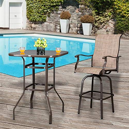 Rustic Wrought Iron and Glass High Bar Table - Brown Patio Bar Height Table for Outdoor Dining, Kitchen Island, or Pub Setting