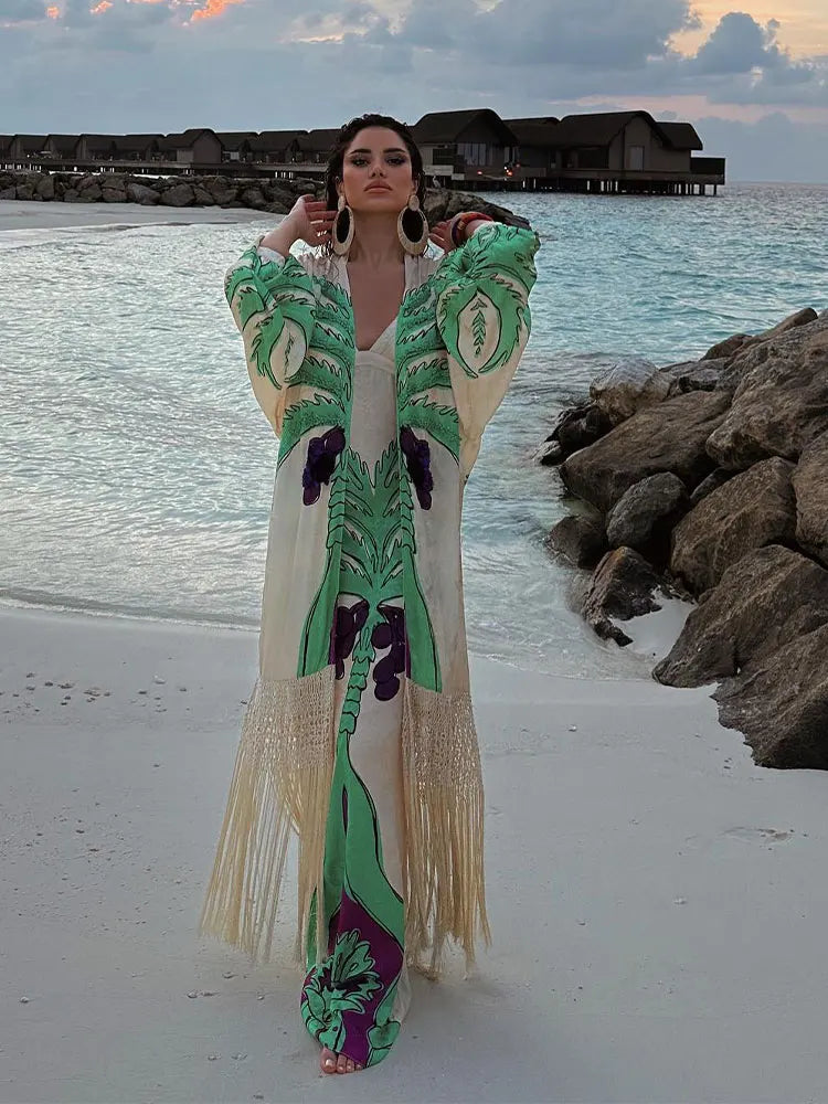 Fashion Women's Spring Print V-Neck Contrast Maxi Dress - Slim Fit Long Sleeve Elegant Vestidos for Vacation, Streetwear & Casual Outings