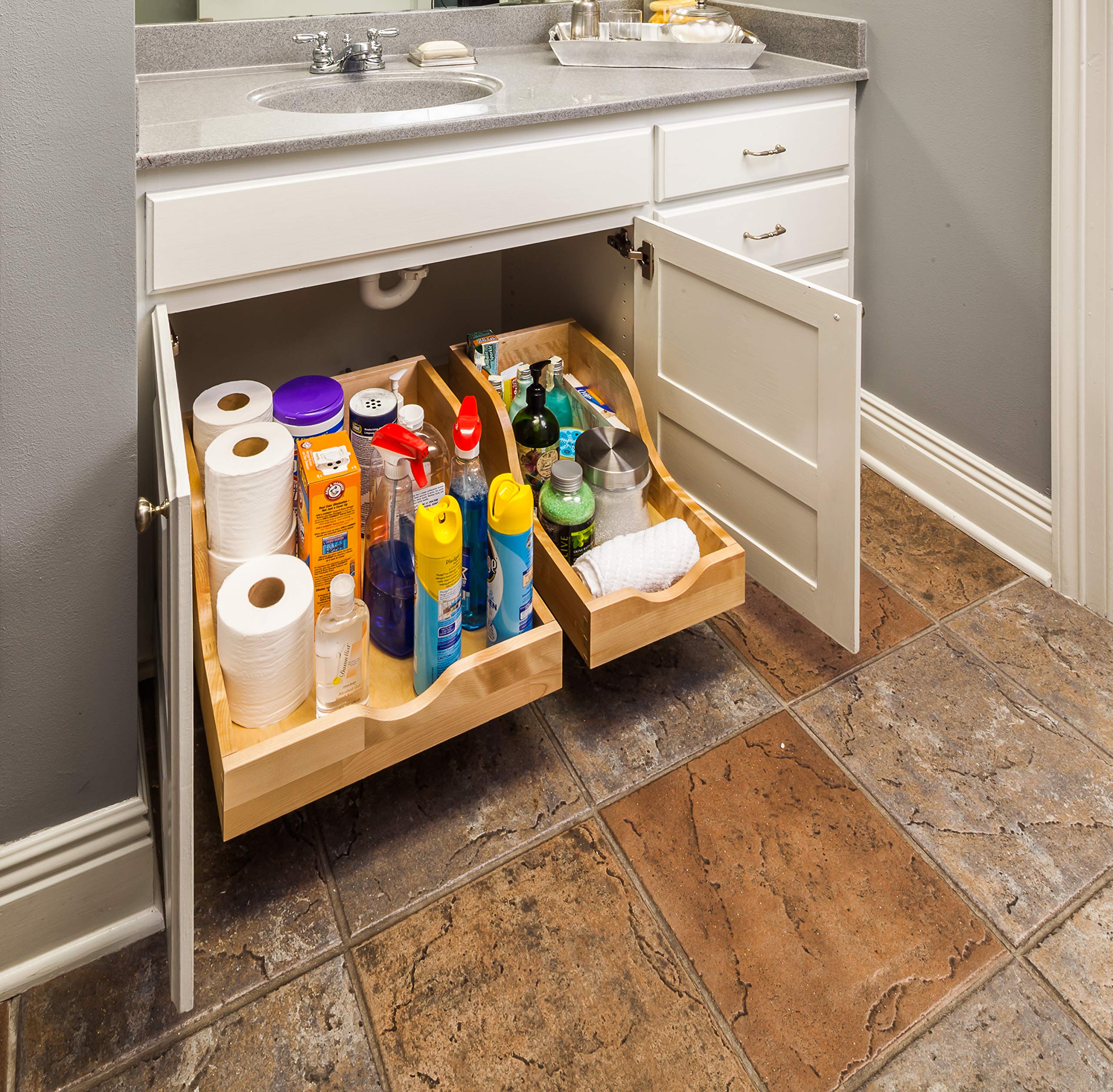ROVHB15-WB Preassembled Vanity High Back Rollout Shelf System - White Birch Bathroom Organizer for Makeup & Skincare Storage | Space-Saving Cabinet Pull-Out Tray
