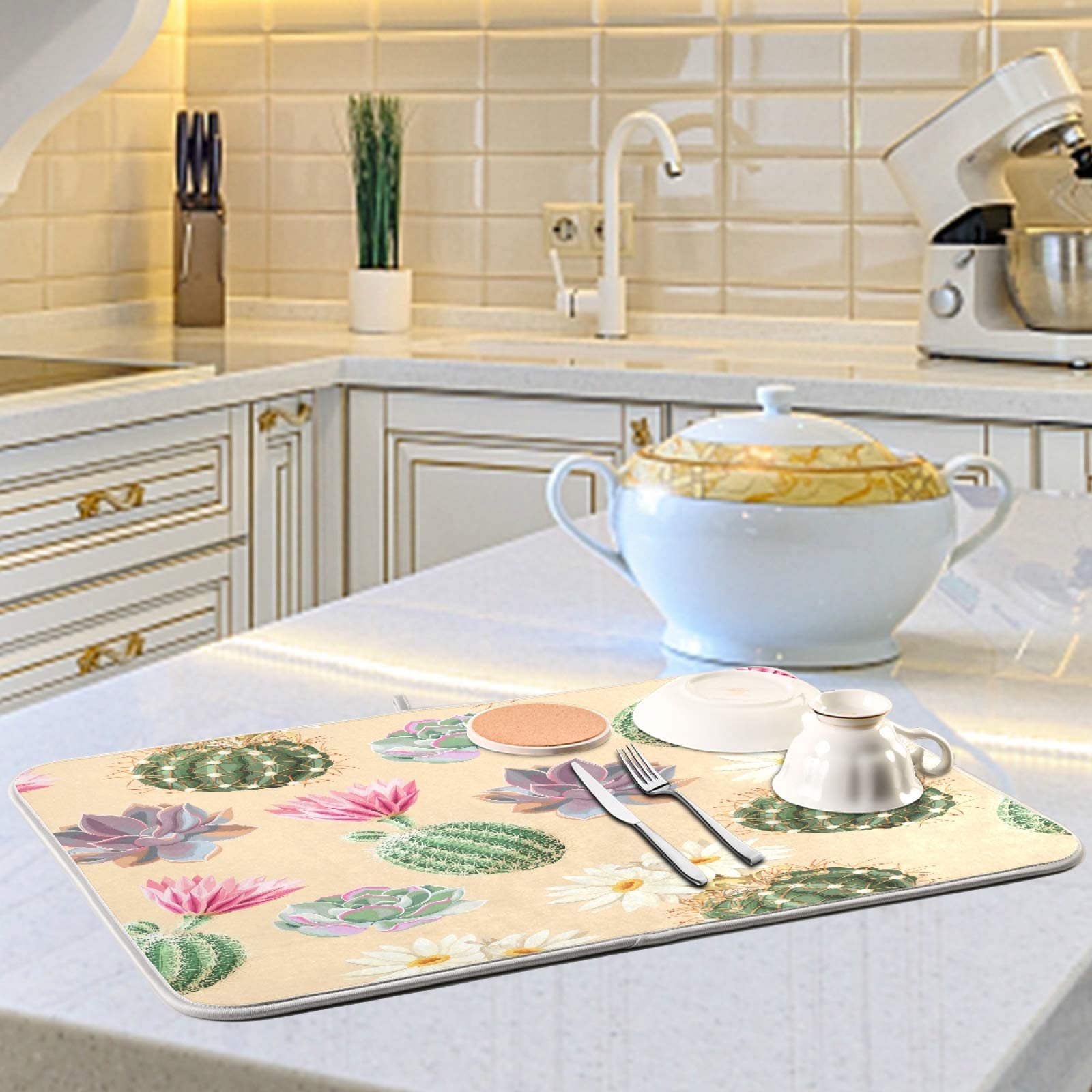 Susiyo Super Absorbent Microfiber Dish Drying Mat - 16x18 Inch Heat-Resistant Kitchen Counter Mat with Cute Succulent Cactus Design | Perfect for Drying Dishes, Protecting Countertops & Adding Style to Your Kitchen