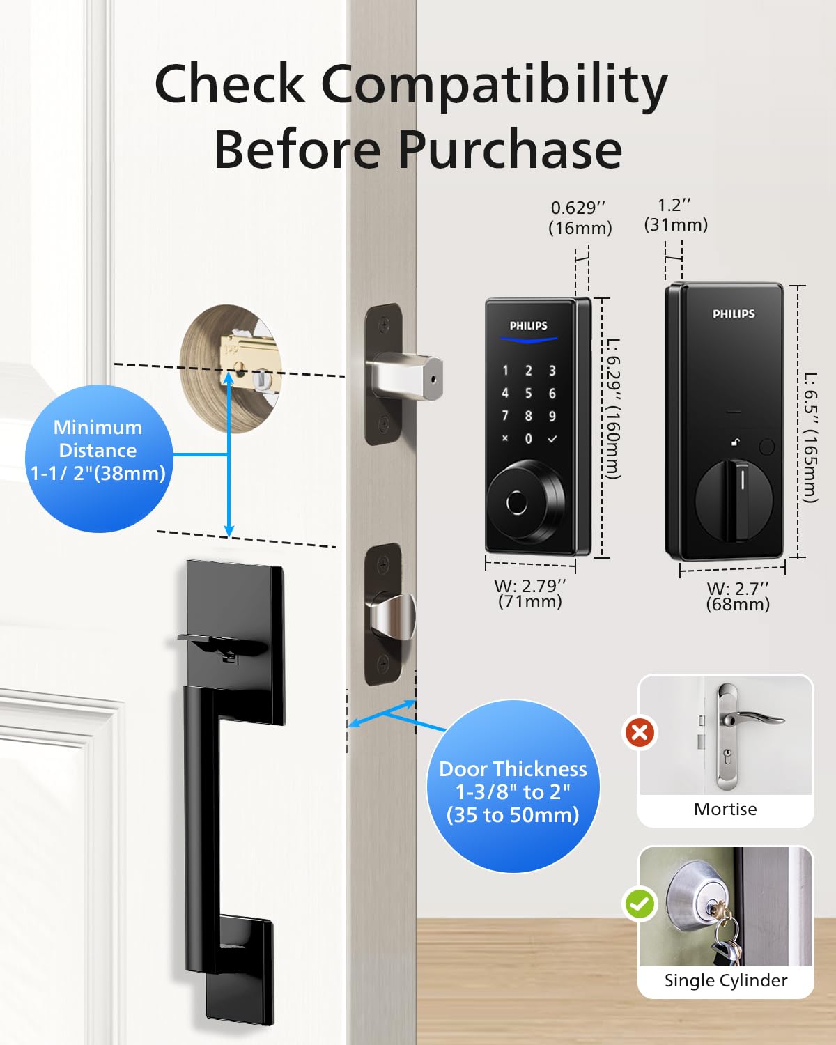 Philips Wi-Fi Smart Lock with Handle - Keyless Entry Keypad Door Lock, Front Door Deadbolt Set with WiFi Gateway | App Control, Fingerprint & PIN Code Unlock, Auto Locking | Perfect for Home Security & Smart Home Automation