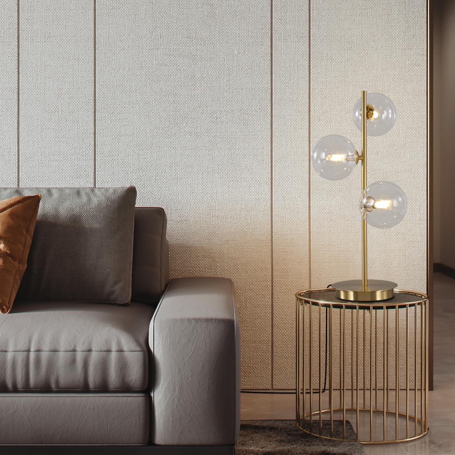 Mid Century Modern Gold Desk Lamp with 3 White Glass Globes - Contemporary Reading Light for Bedroom, Living Room & Study | Perfect for Nightstands, Office Desks & Cozy Corners