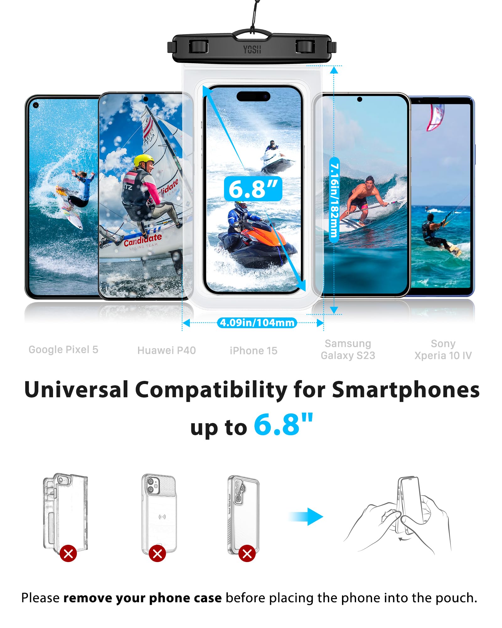 YOSH Waterproof Phone Case [2-Pack] IPX8 Waterproof Protection for iPhone 16/15/14/13/12/11 Pro/XS/XR/X & Samsung S24/S23/S22 (Up to 6.8