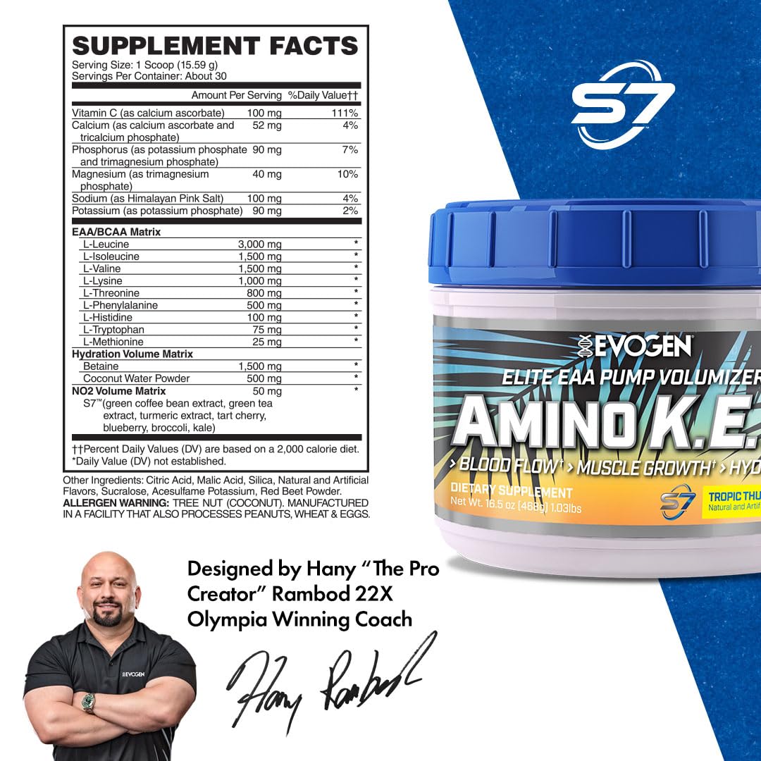 Evogen Amino K.E.M. - EAA & BCAA Powder Pump Volumizer Supplement for Muscle Growth, Blood Flow & Hydration | Tropic Thunder Flavor | 30 Servings | Pre-Workout & Post-Workout Recovery Drink for Athletes & Fitness Enthusiasts