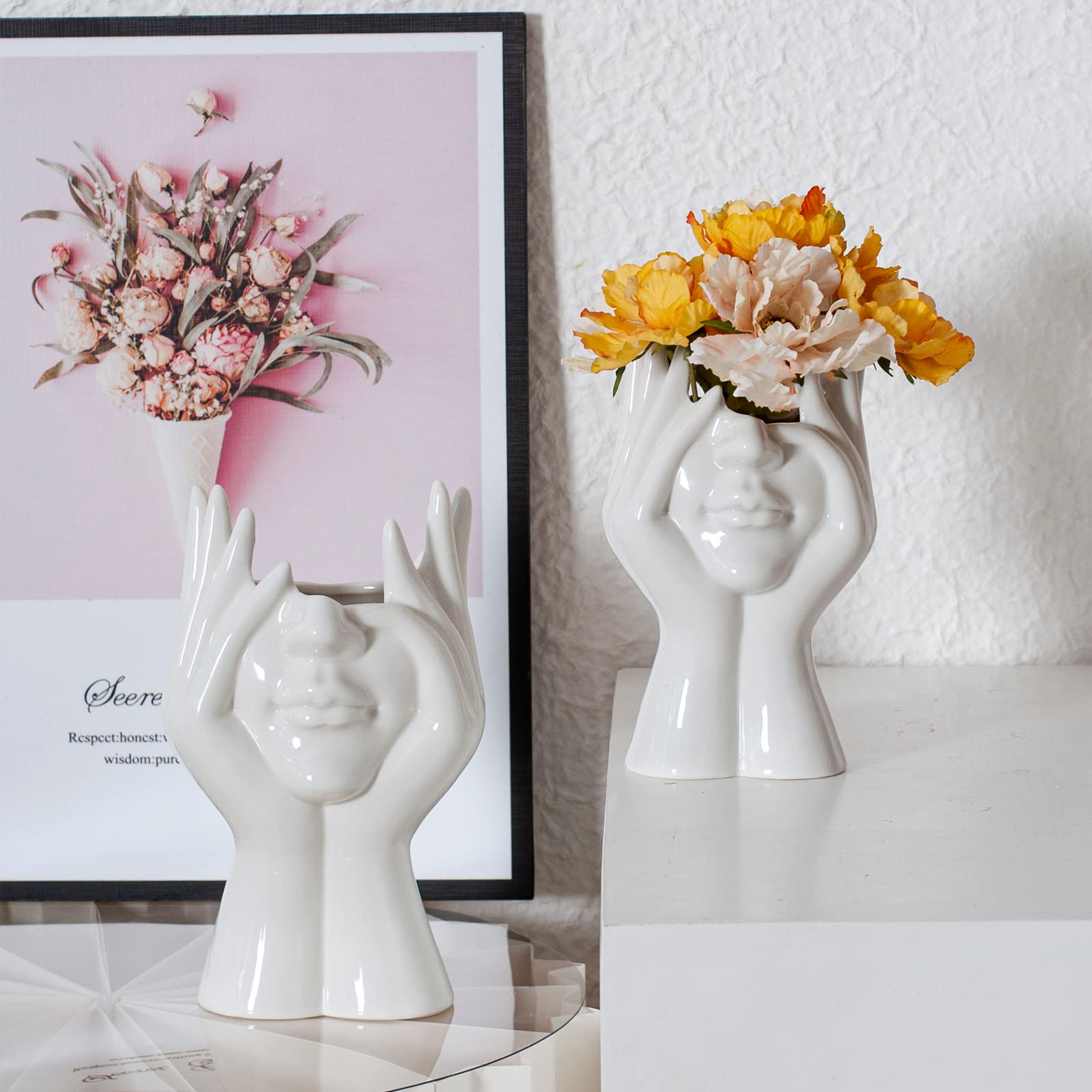 White Ceramic Face Flower Vase - Modern Half Body Head Decorative Centerpiece for Dining Table, Coffee Table, Bathroom Shelf & Living Room Decor (3.54