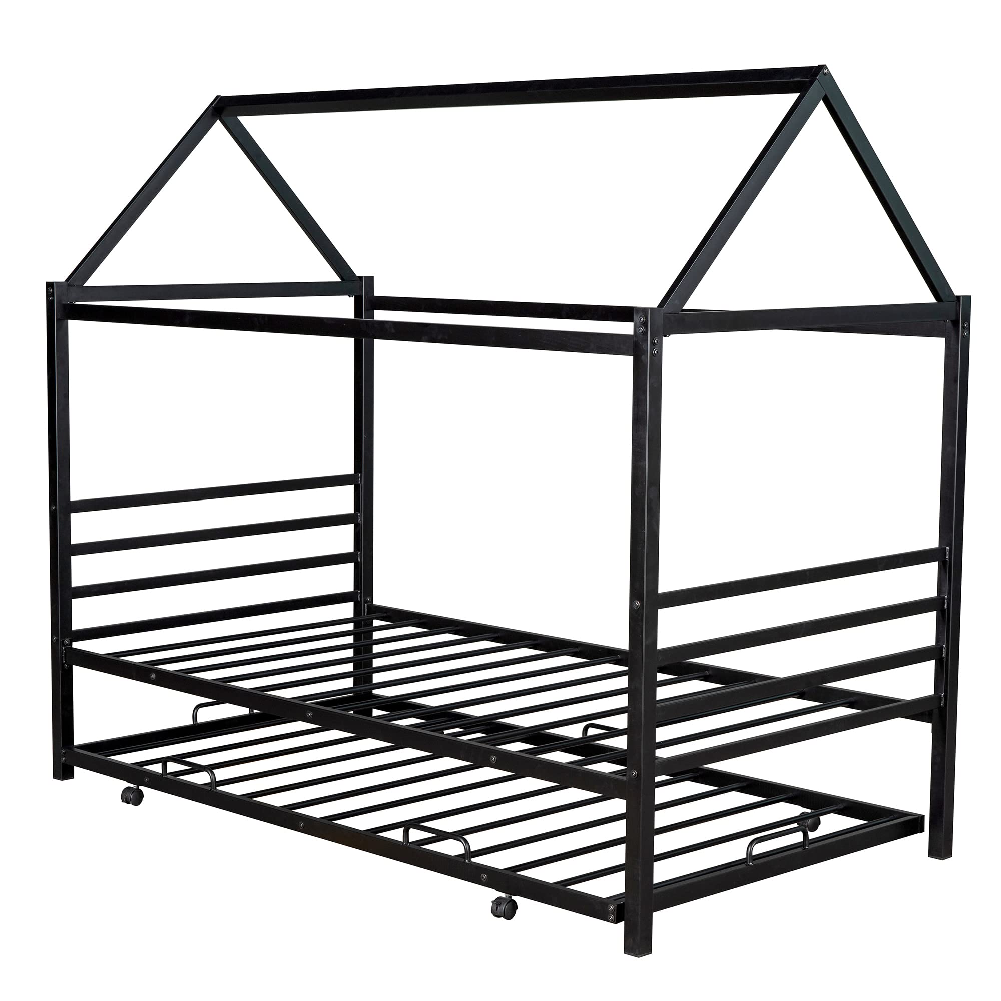 Metal Twin Size House Shaped Bed Frame with Trundle, Headboard & Footboard - Kids Platform Bed for Boys, Girls & Teens (Black) | Perfect for Small Bedrooms, Playrooms & Sleepovers