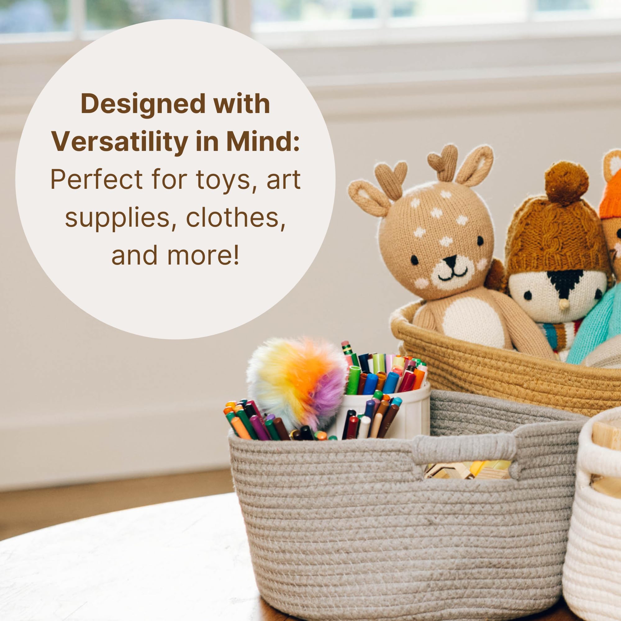 3-Pack Woven Storage Baskets with Handles - Medium Cotton Rope Wicker Bins for Blankets, Toys & Home Organization | Perfect for Living Room Shelves, Bedroom Closets & Nursery Storage