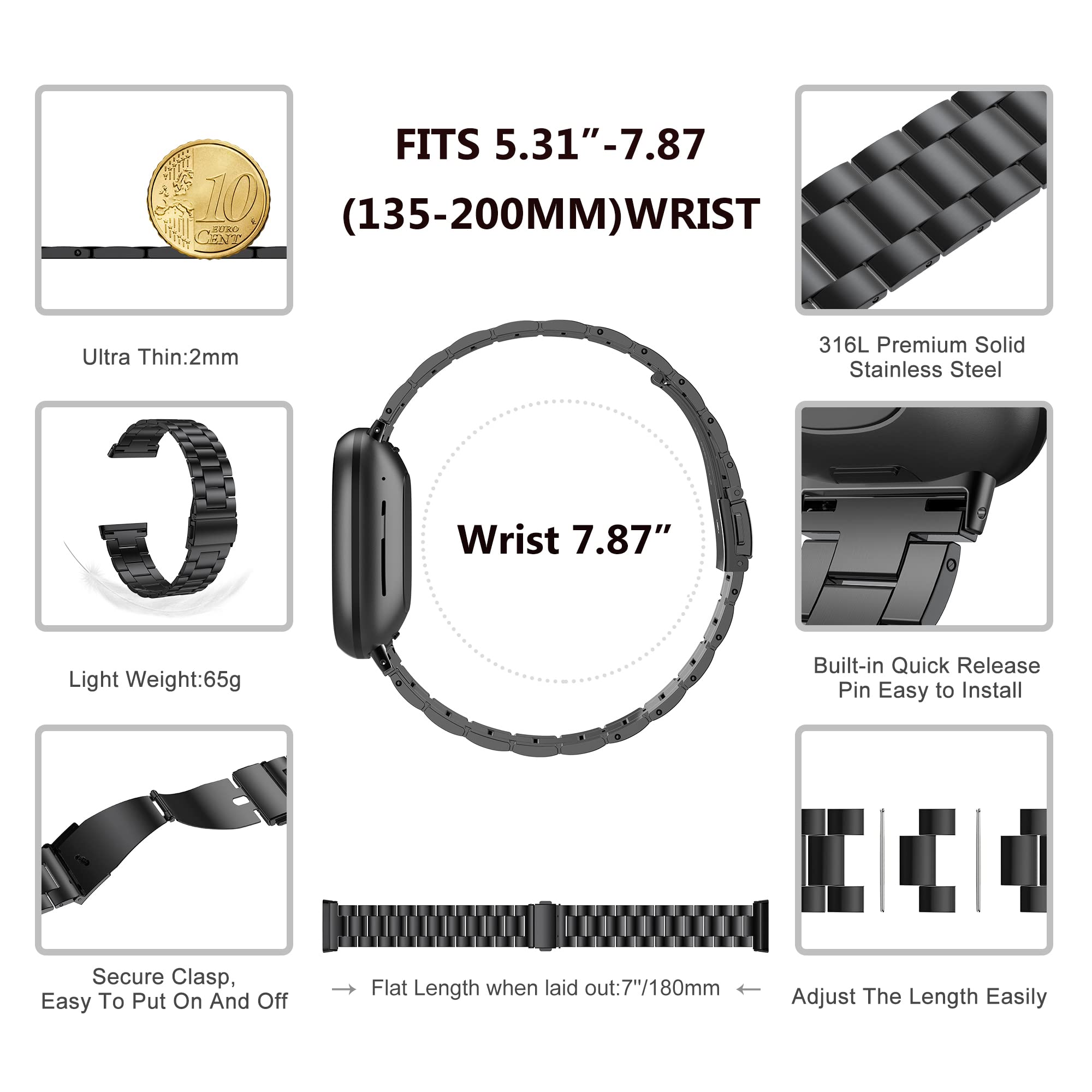 Wearlizer Compatible Fitbit Sense/Sense 2/Versa 3/Versa 4 Bands - Ultra Thin Lightweight Stainless Steel Metal Watch Band Strap for Women & Men (Black) | Perfect for Workouts, Office Wear & Everyday Fashion Accessory