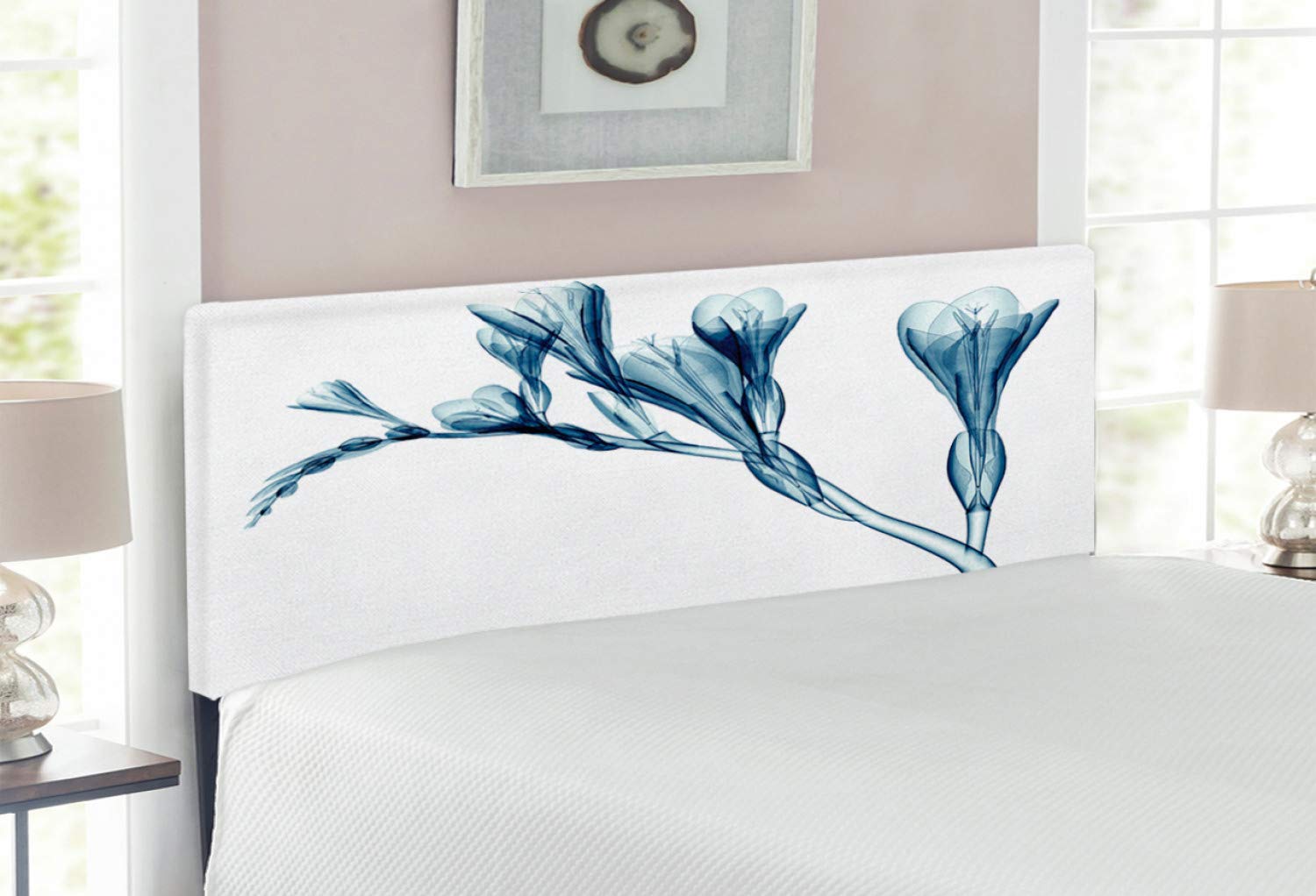 Ambesonne Floral Upholstered Headboard - Full Size Teal & White Modern Bed Headboard with Memory Foam | UV Style Flower Radiography Design | Perfect for Bedroom Decor, Guest Rooms & Bohemian Style Interiors